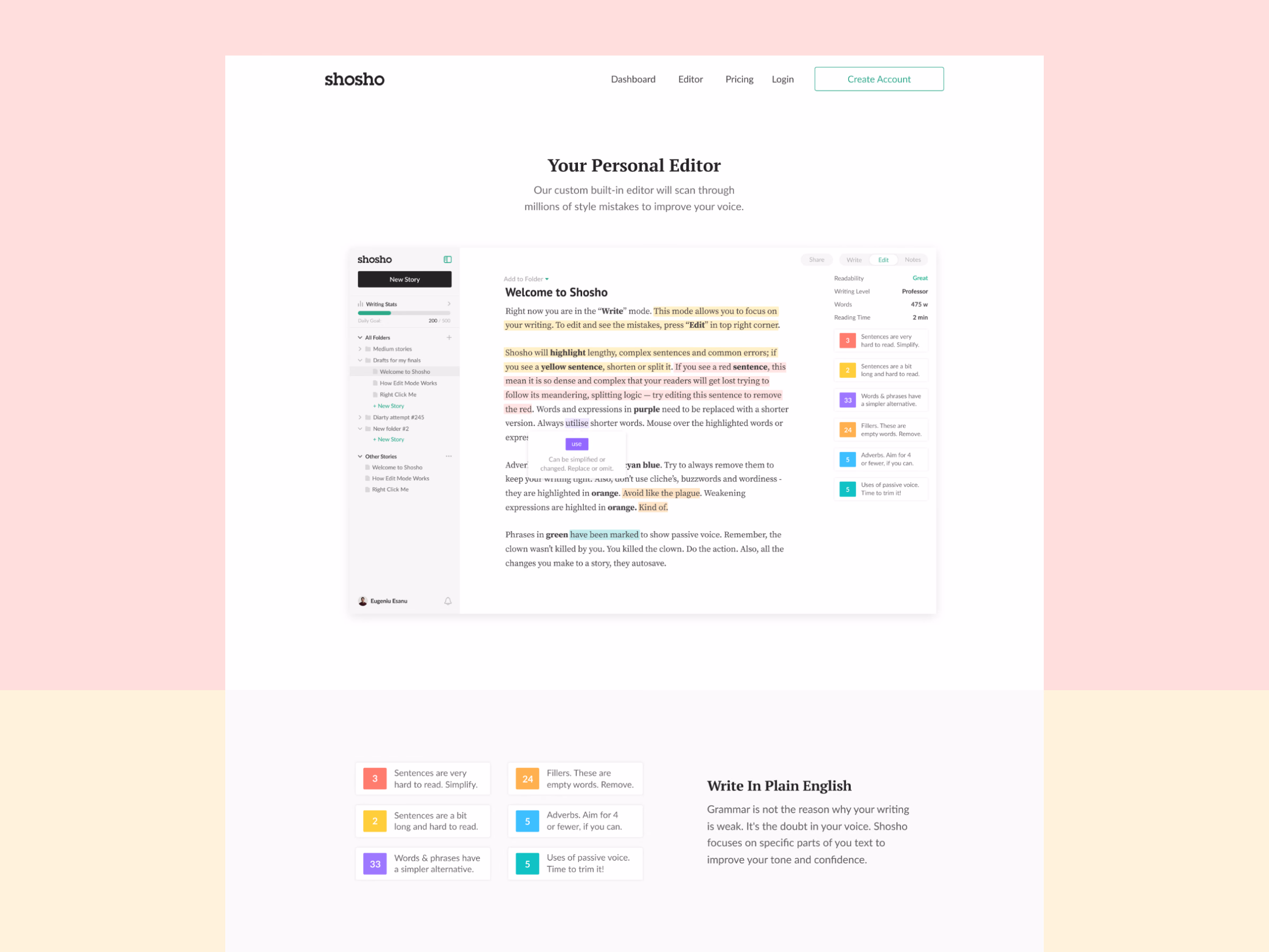 Personal editor hero on Shosho's Edit page