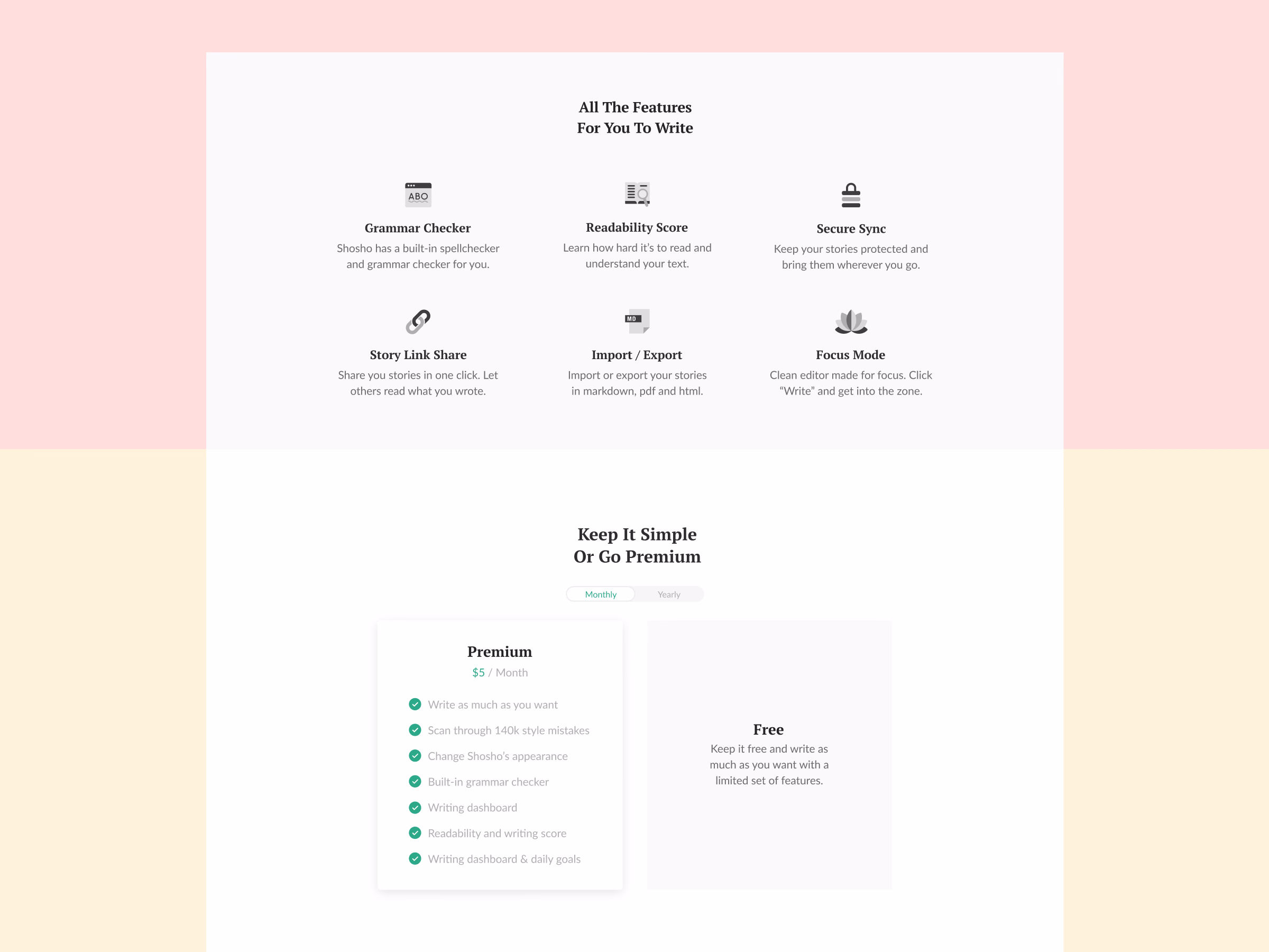 Features grid and pricing section for Shosho's website