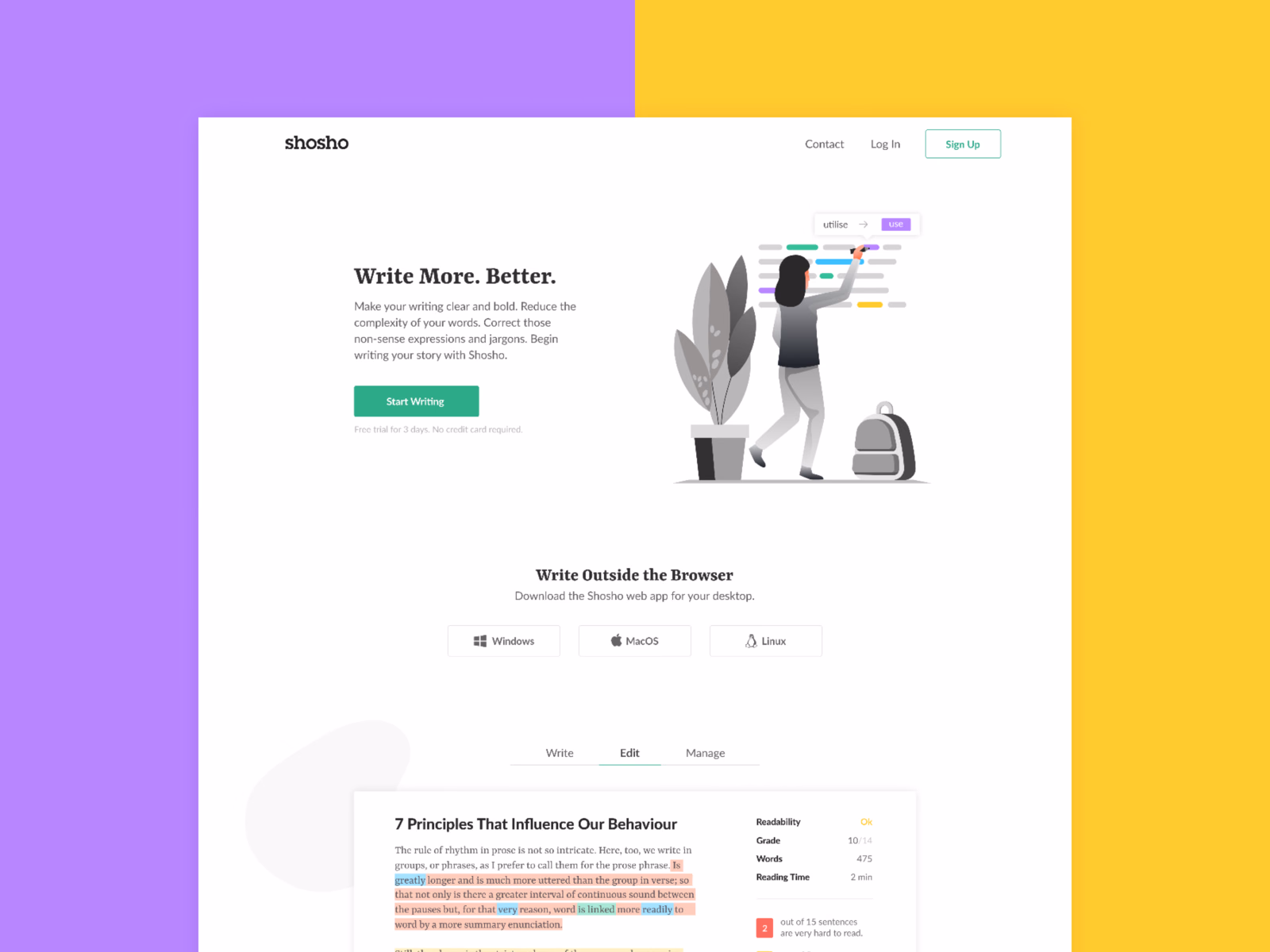 Marketing website for the Shosho writing app