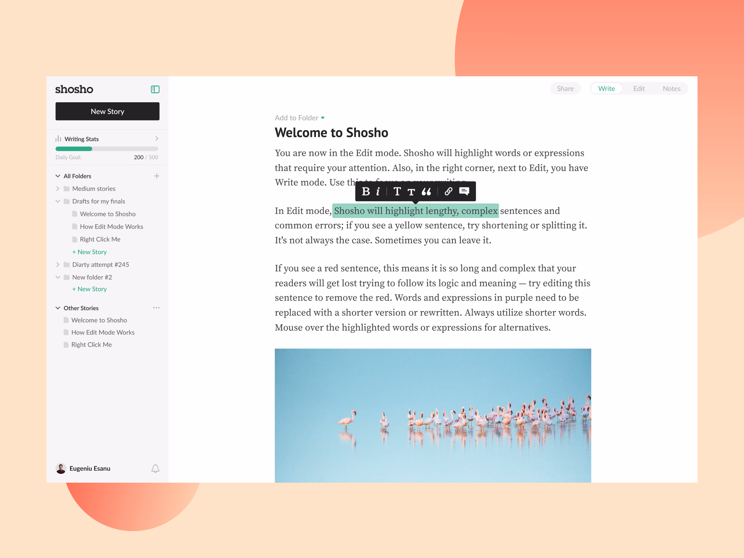 Write mode with a text formatting toolbar in Shosho