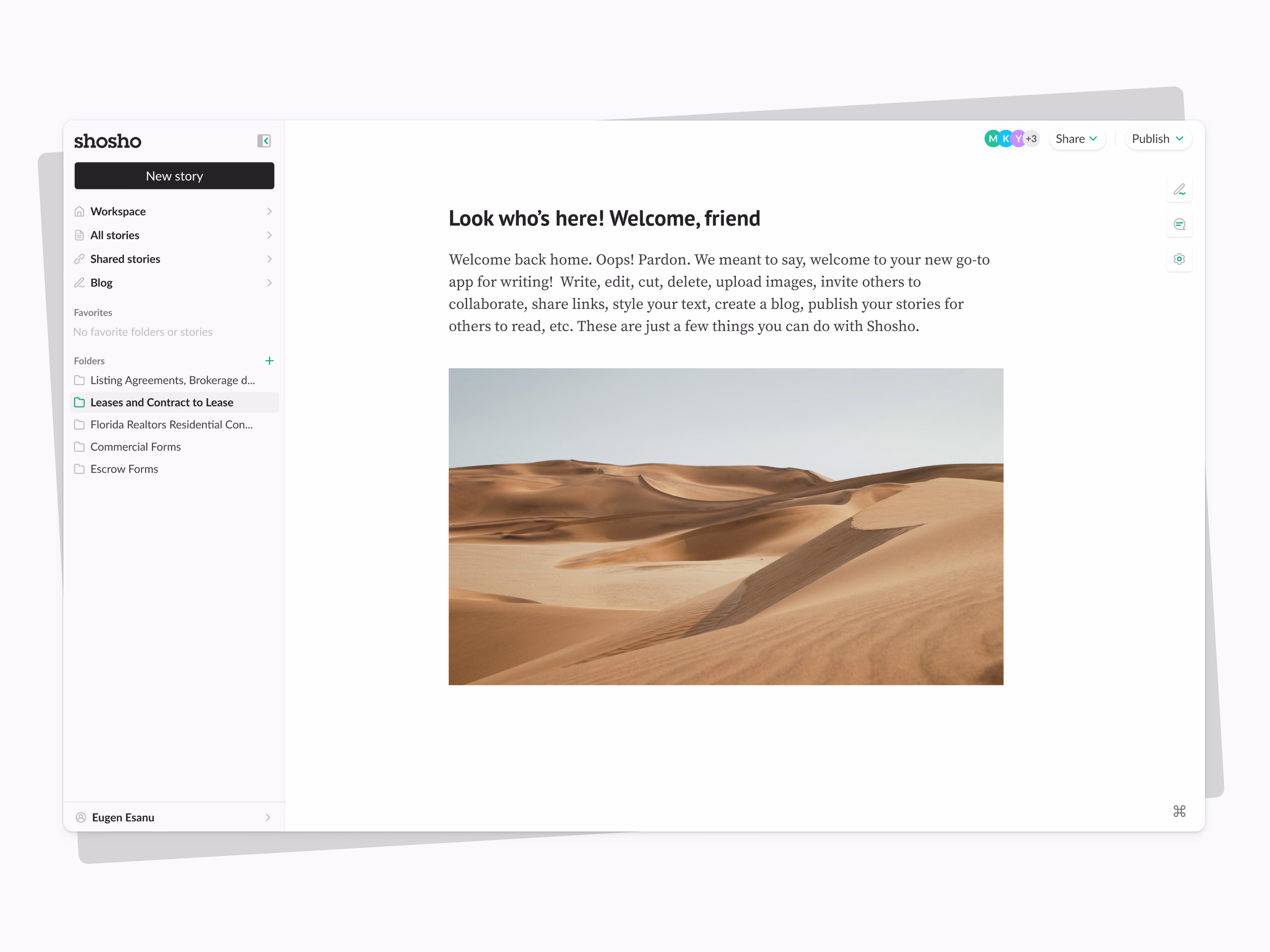 Shosho writing app editor with a welcome story