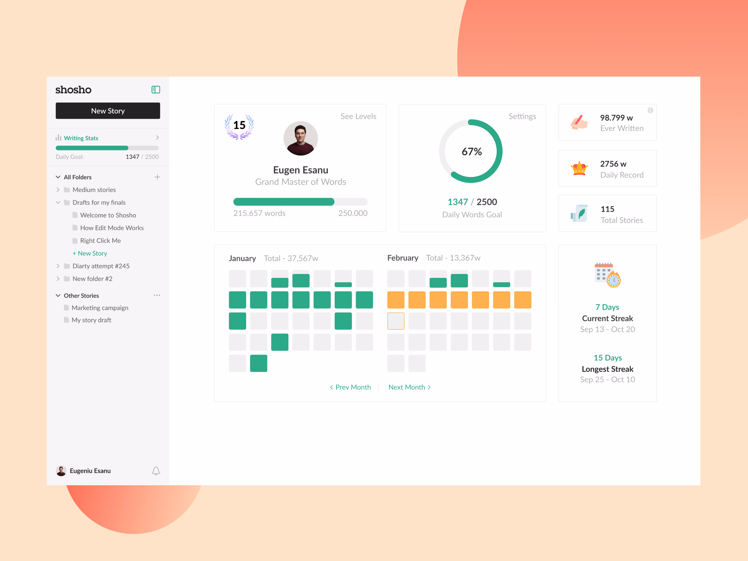 Writing stats and streaks dashboard in Shosho