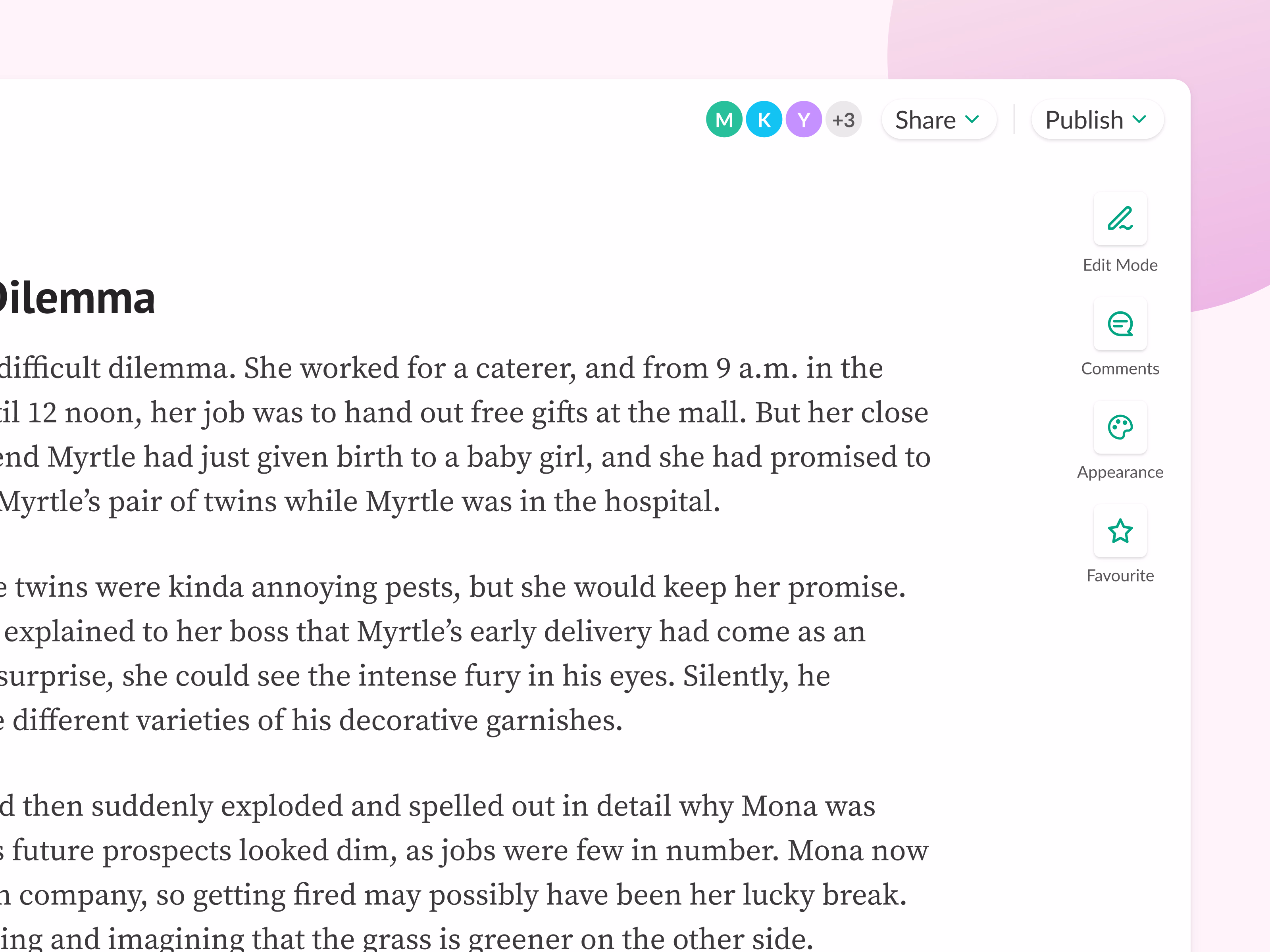 Share menu and side actions for a writing editor