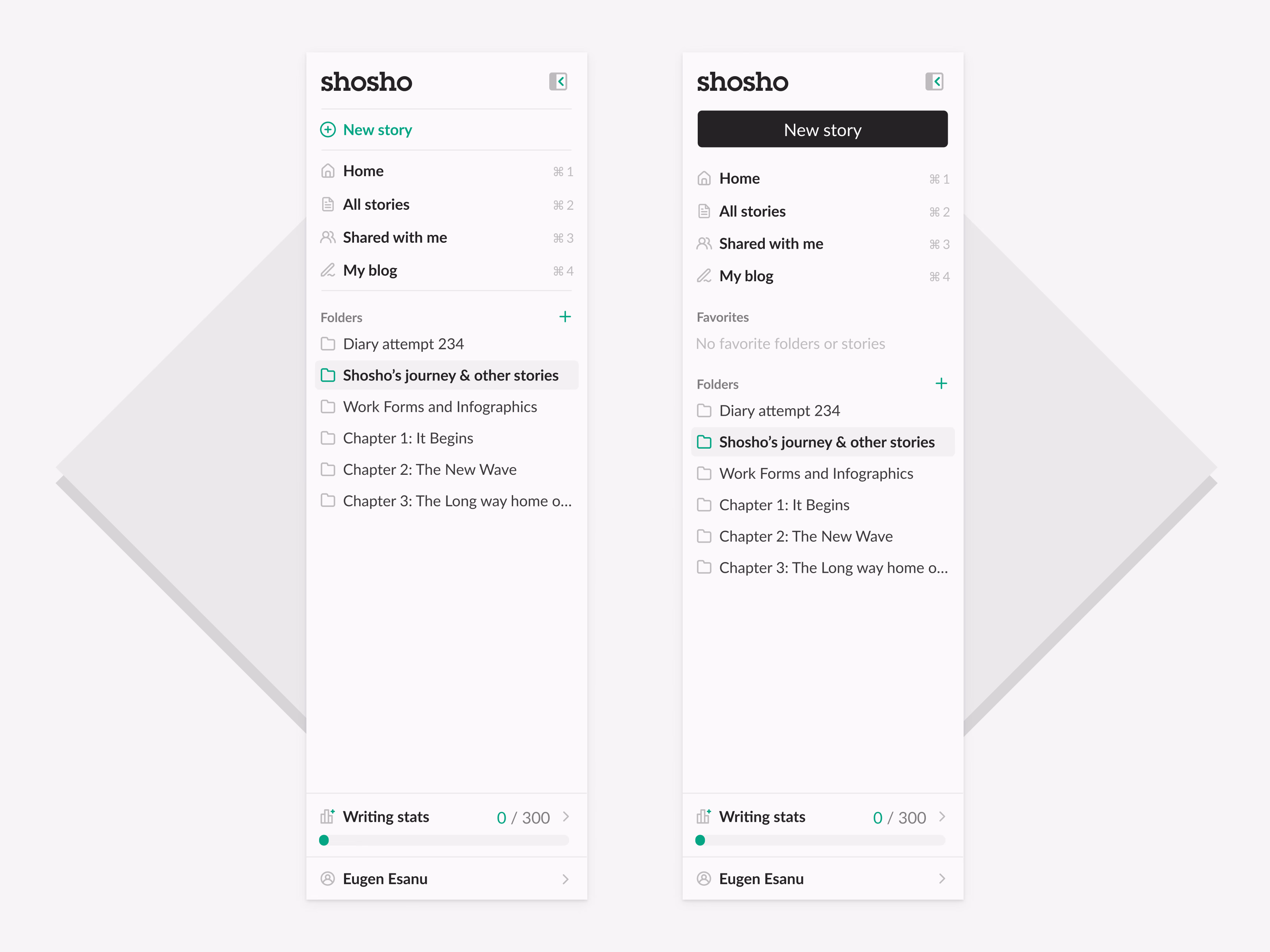Sidebar navigation versions for the Shosho writing app