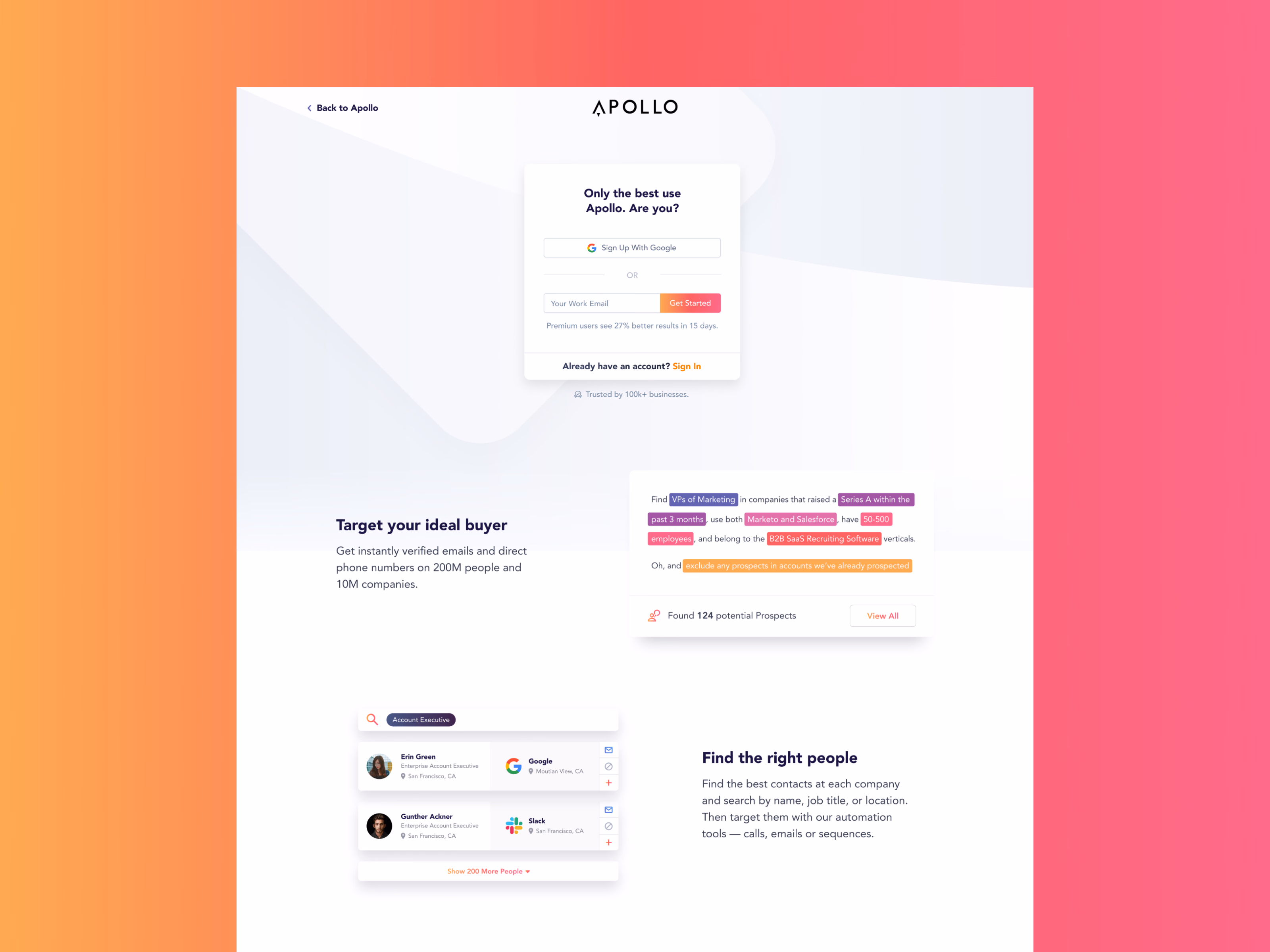 Sign-up landing page with product sections for Apollo