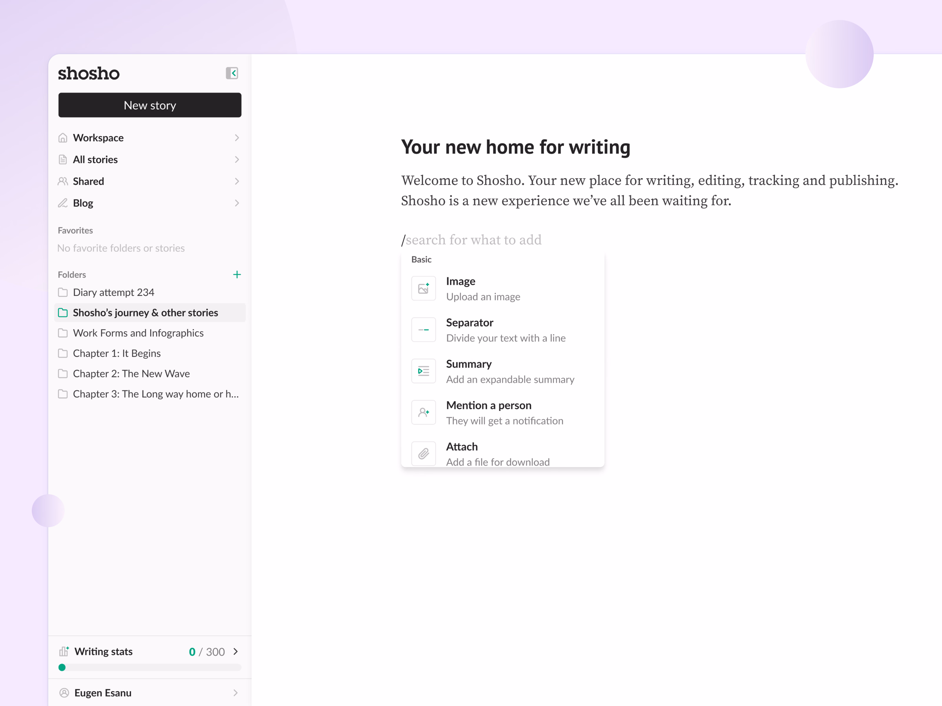 Slash command block menu in Shosho's editor