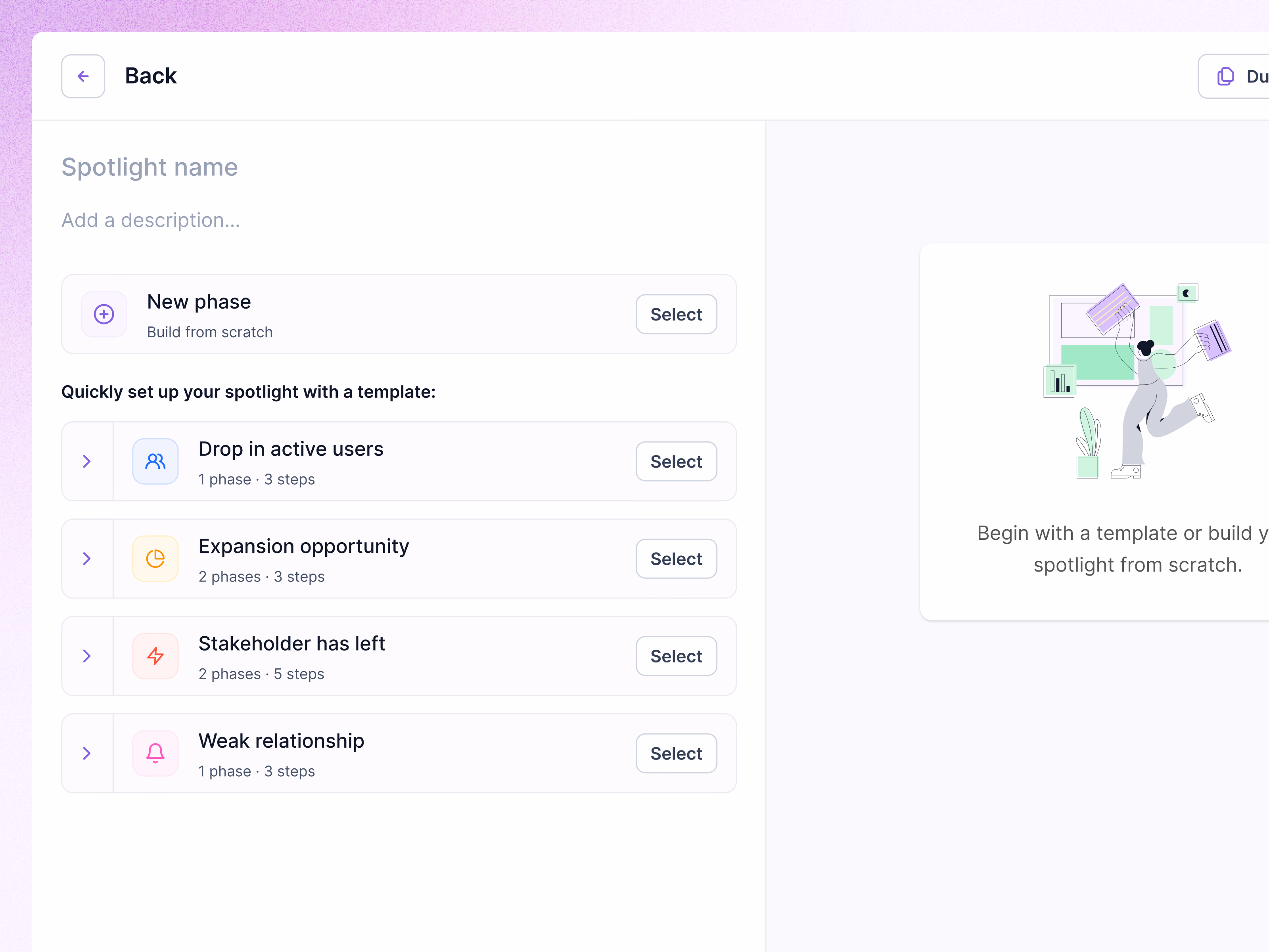 Spotlight template picker in Lantern's AI CRM