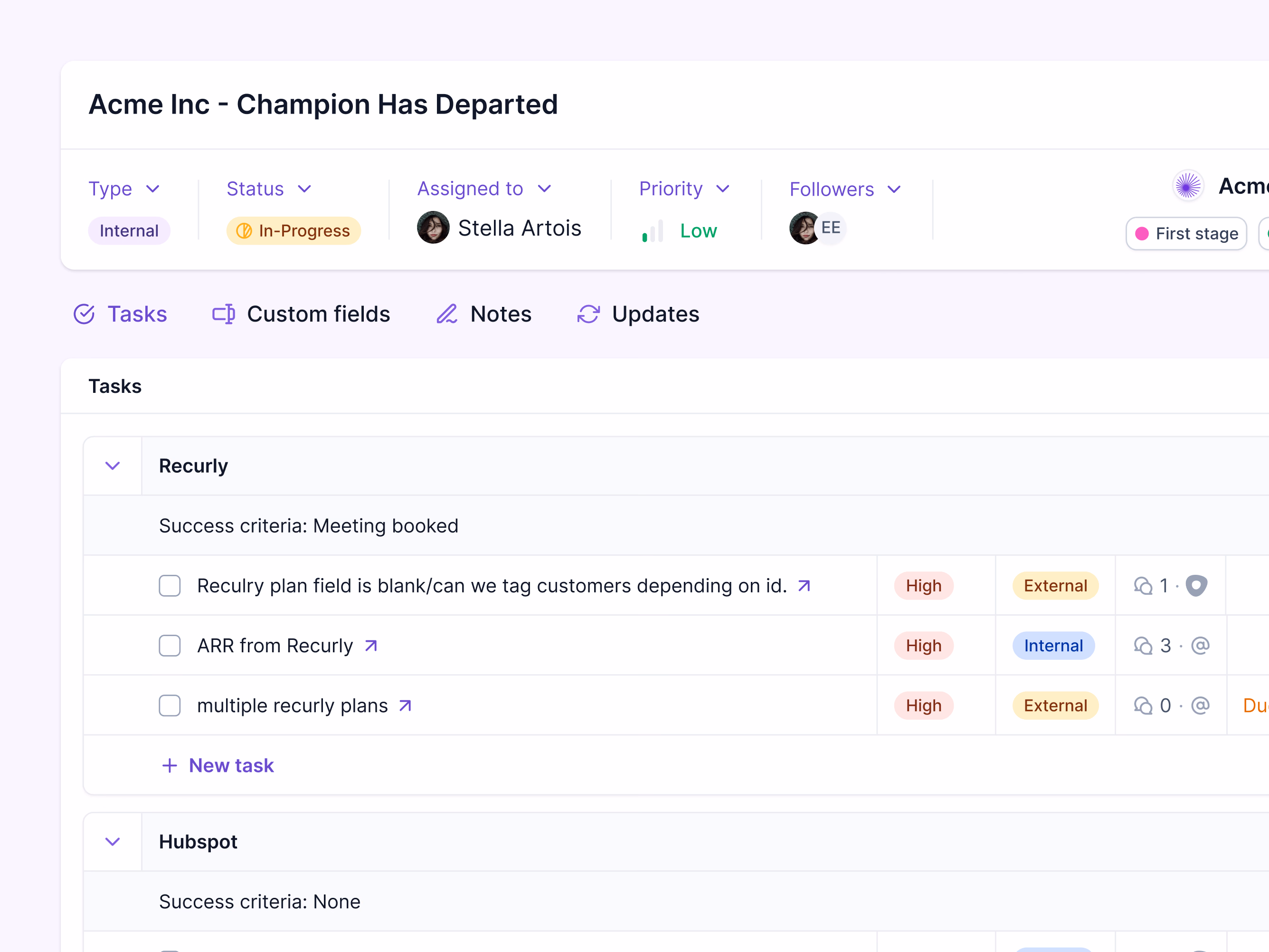 Spotlight tasks grouped by topic in Lantern's AI CRM