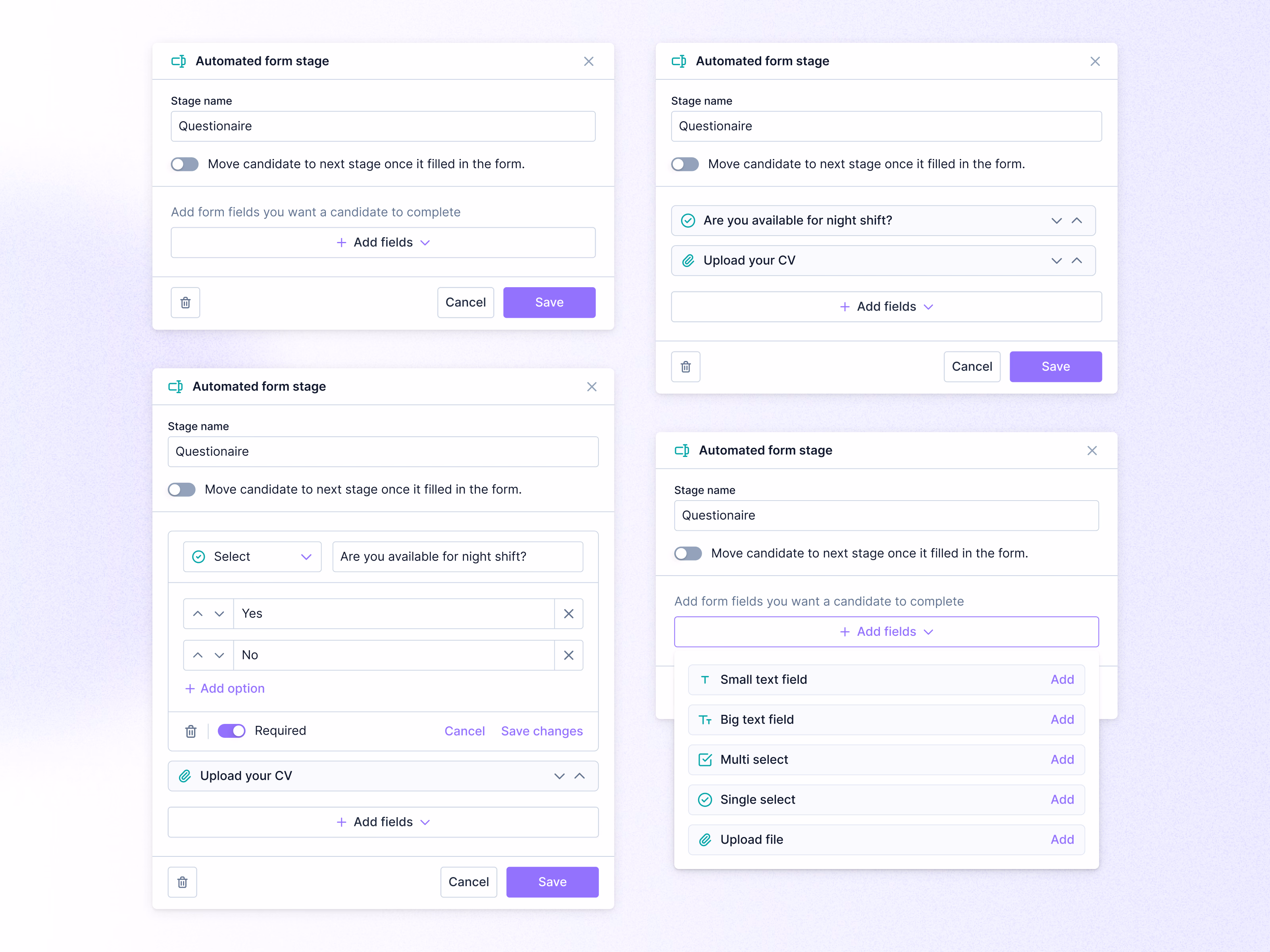 Automated candidate form stage builder for Teero