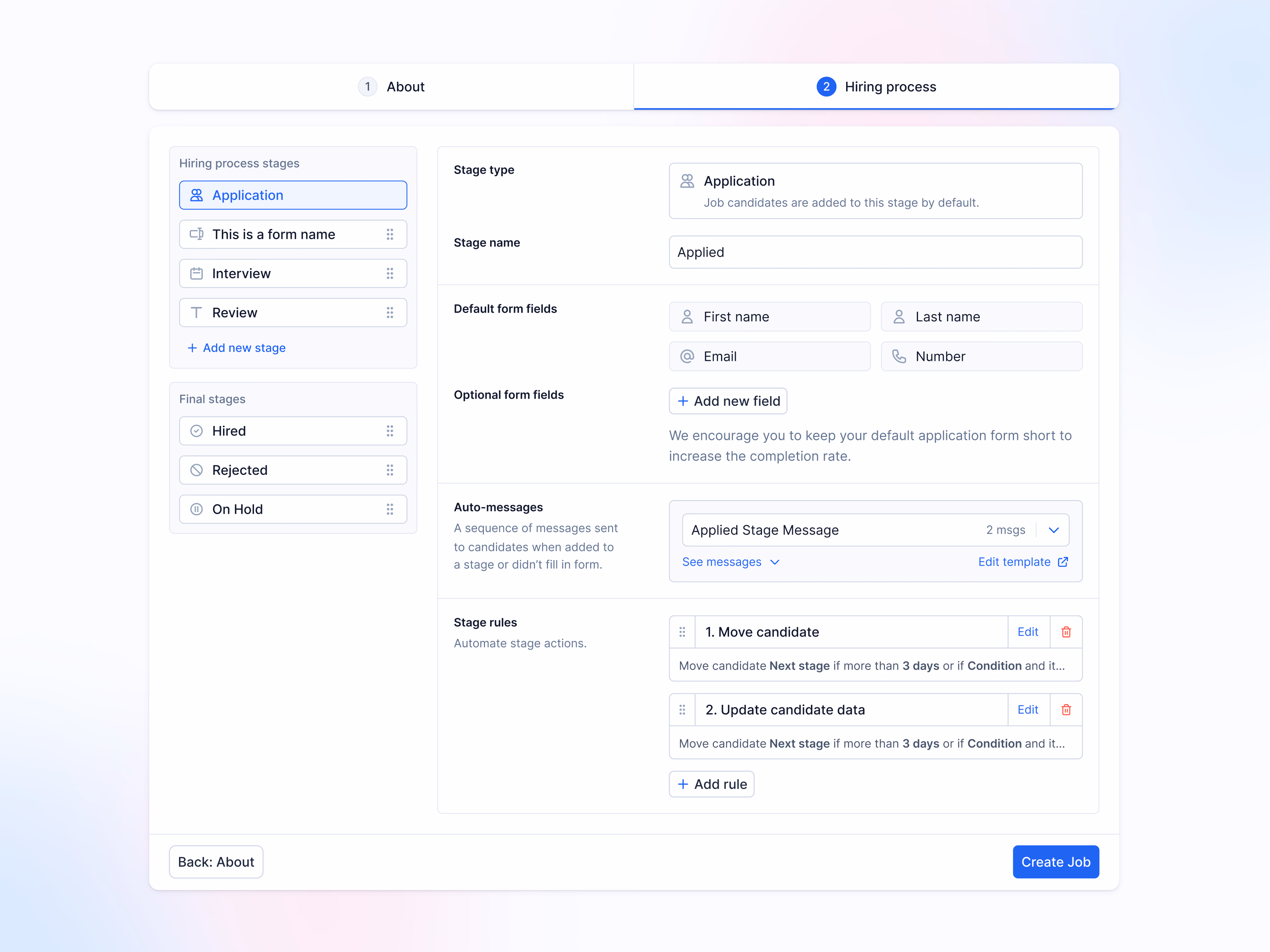 Hiring process stage editor for new jobs in Teero