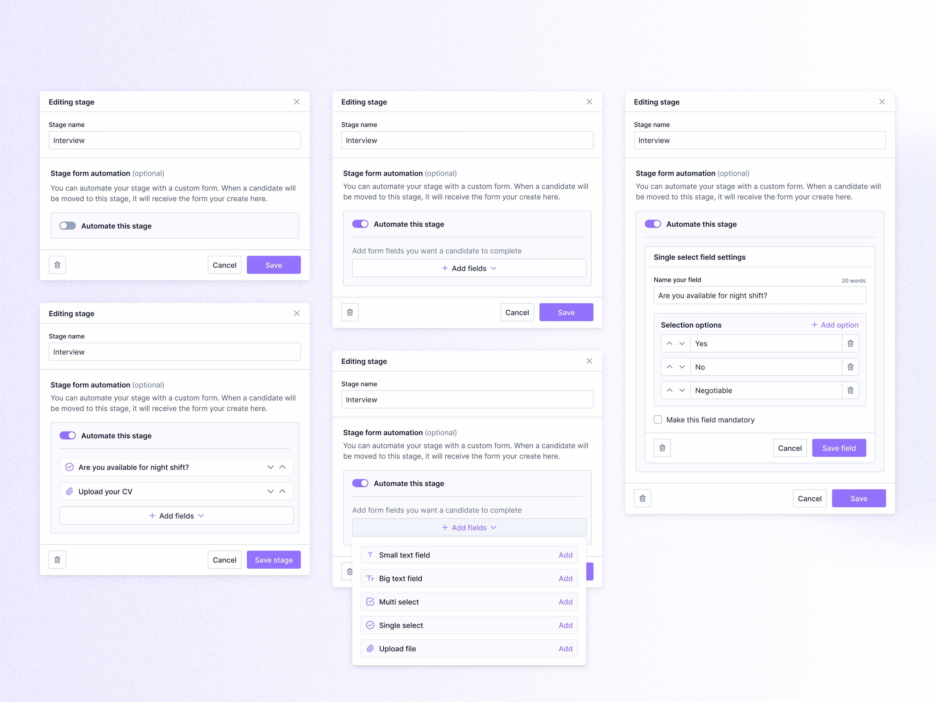 Hiring stage editor with form field settings in Teero