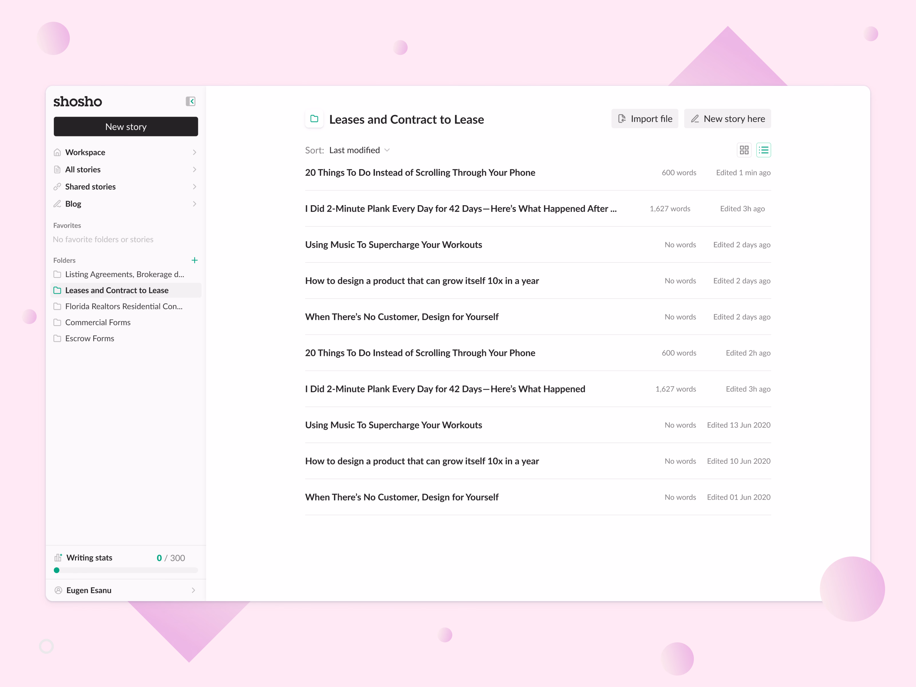 Story list view for folders in Shosho