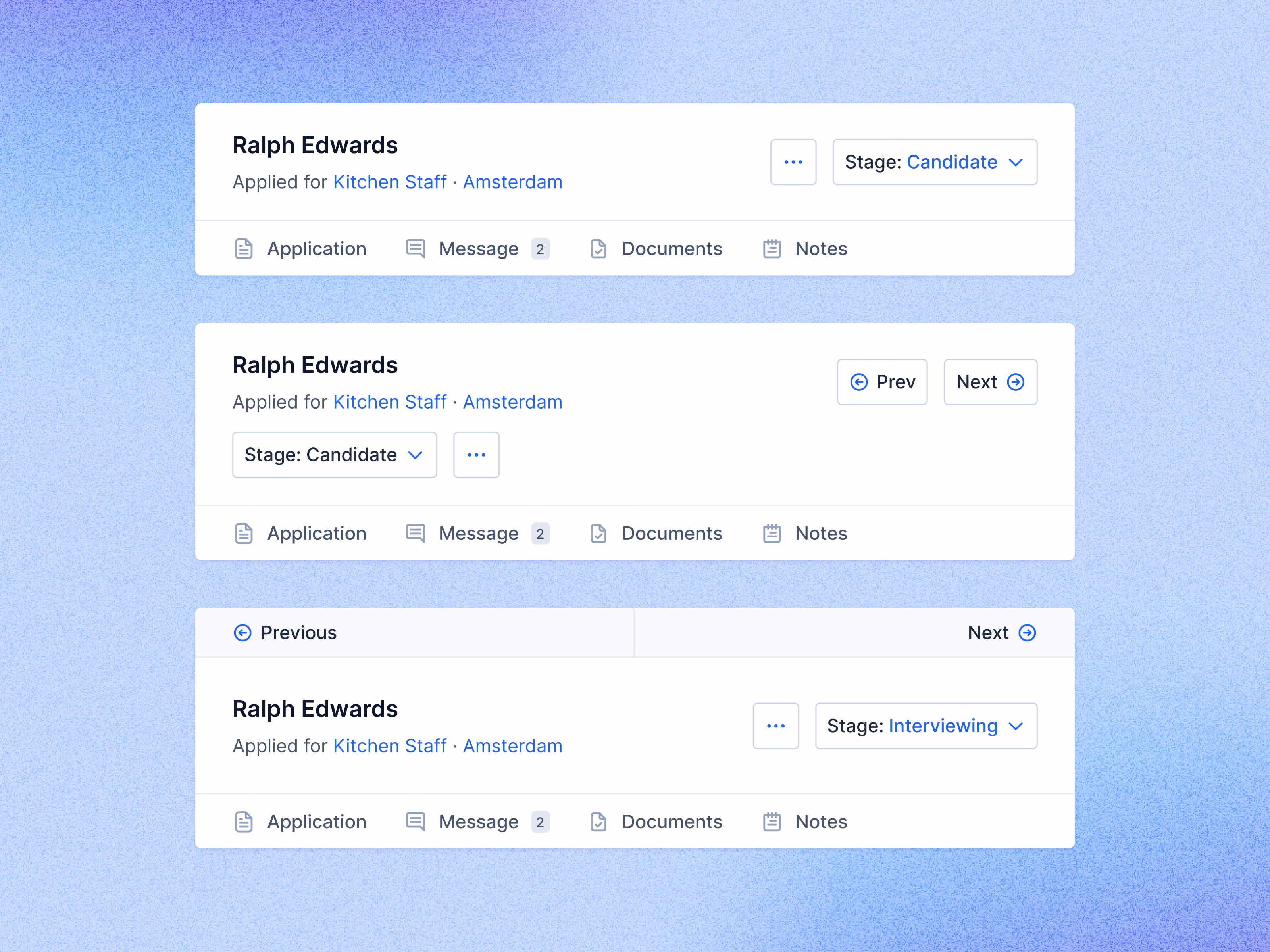 Candidate profile header with prev and next in Teero