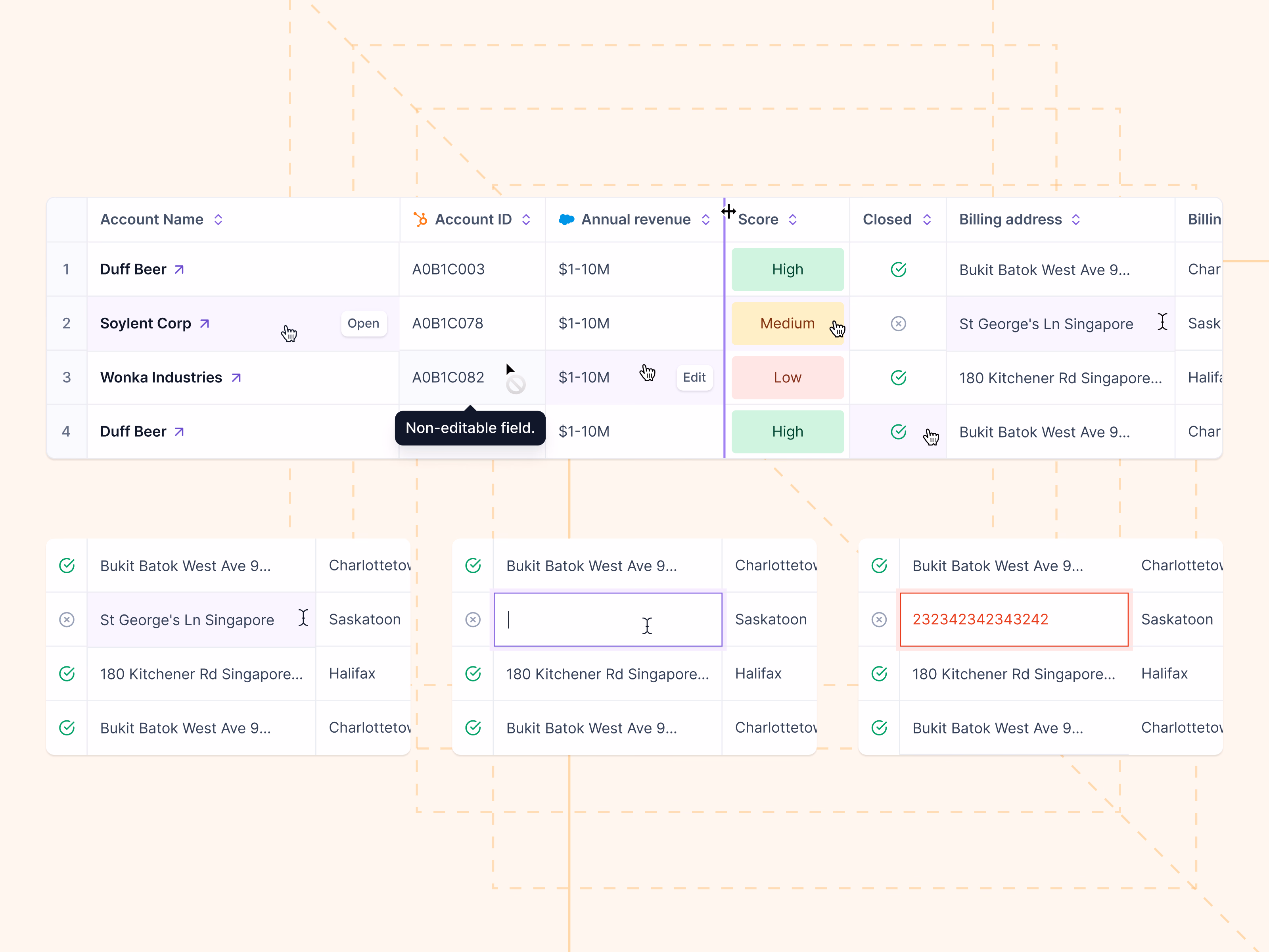 Accounts table cell hover, edit and error states