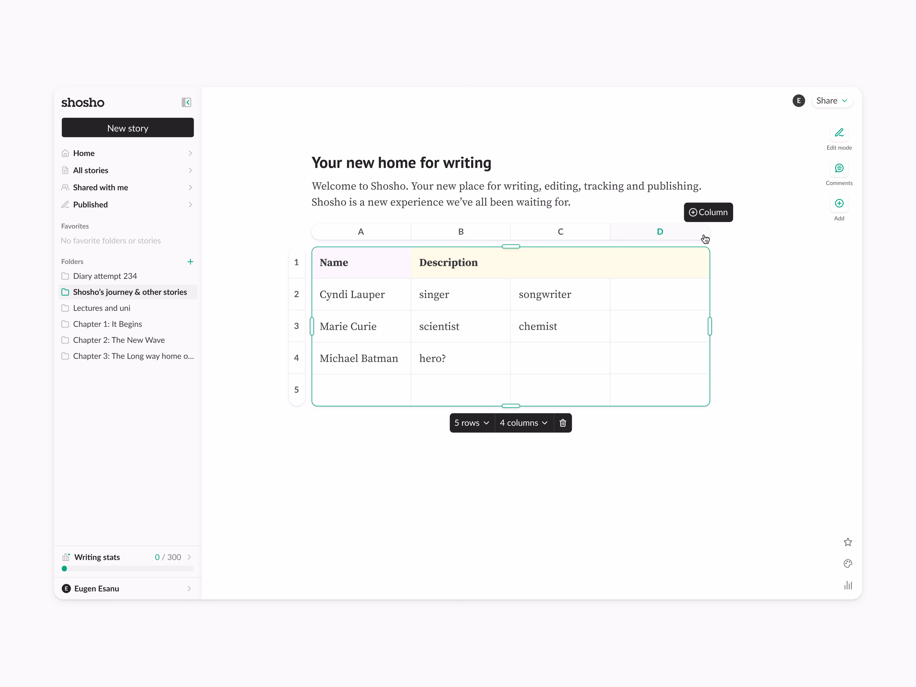 Table block editor in the Shosho writing app