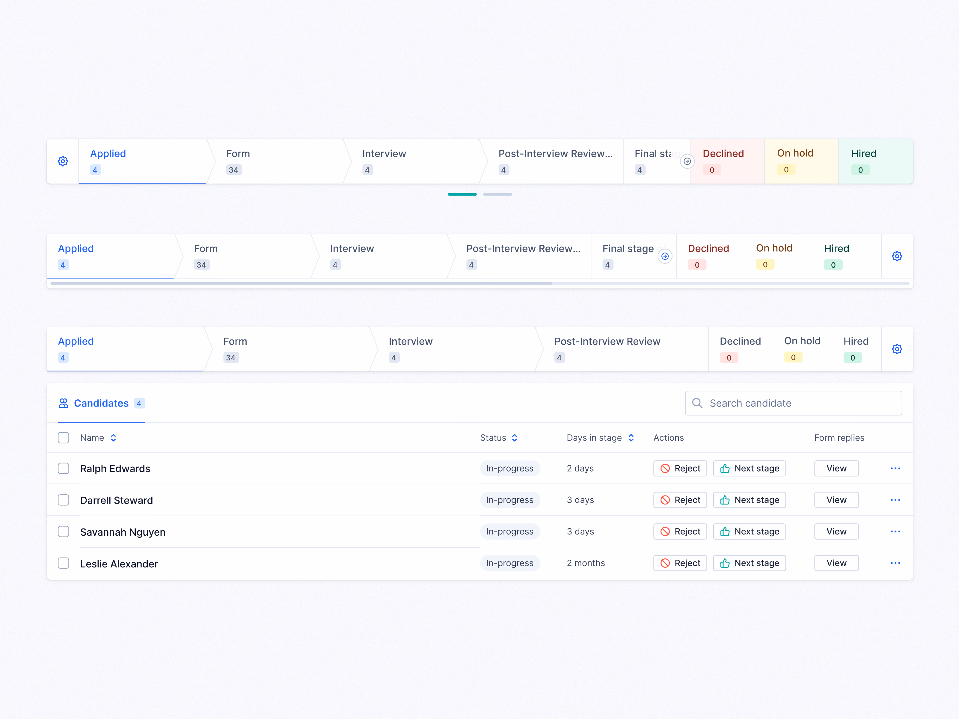 Hiring pipeline stage tabs exploration for a job page