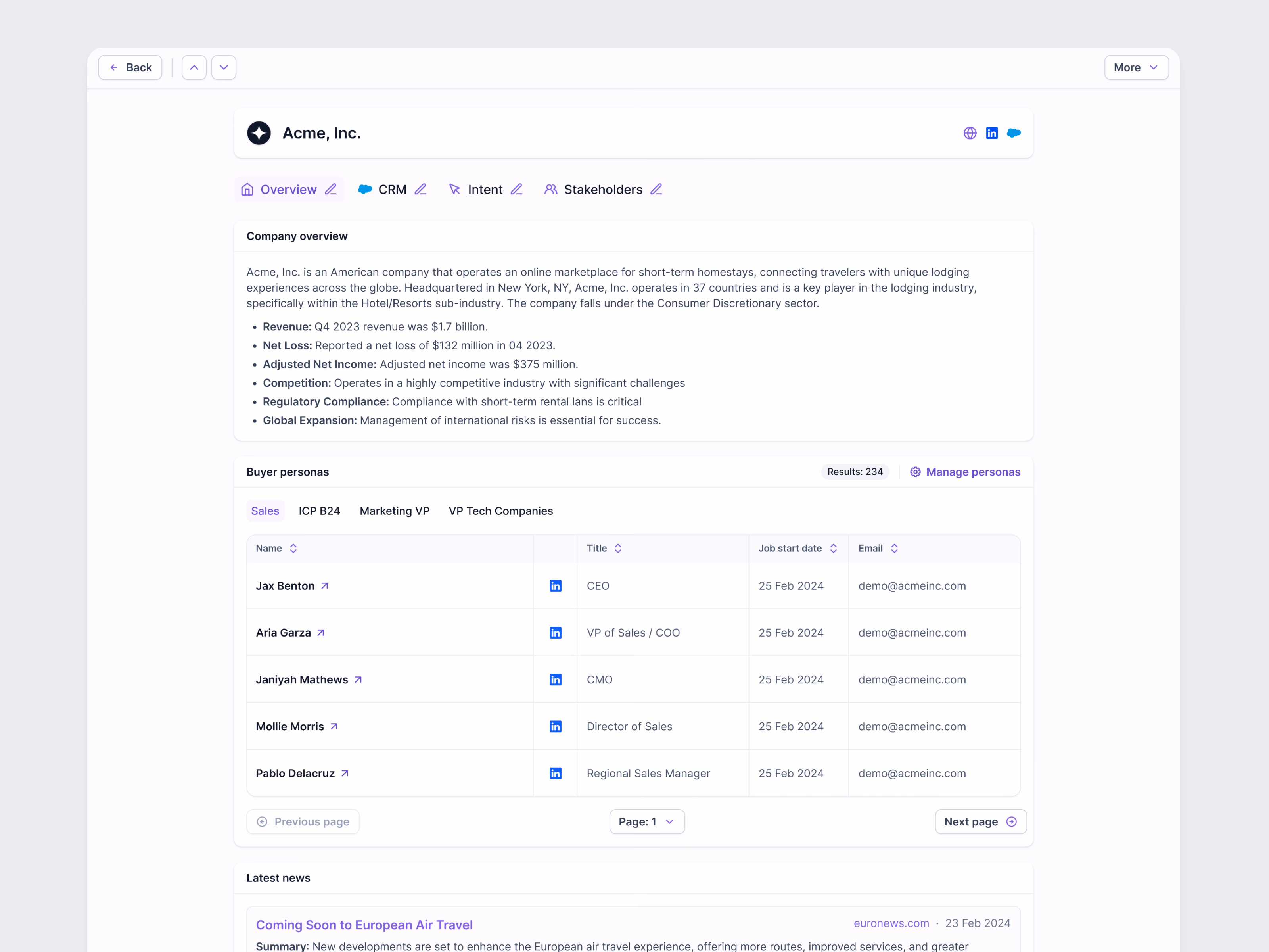 Target account research page in Lantern's AI CRM