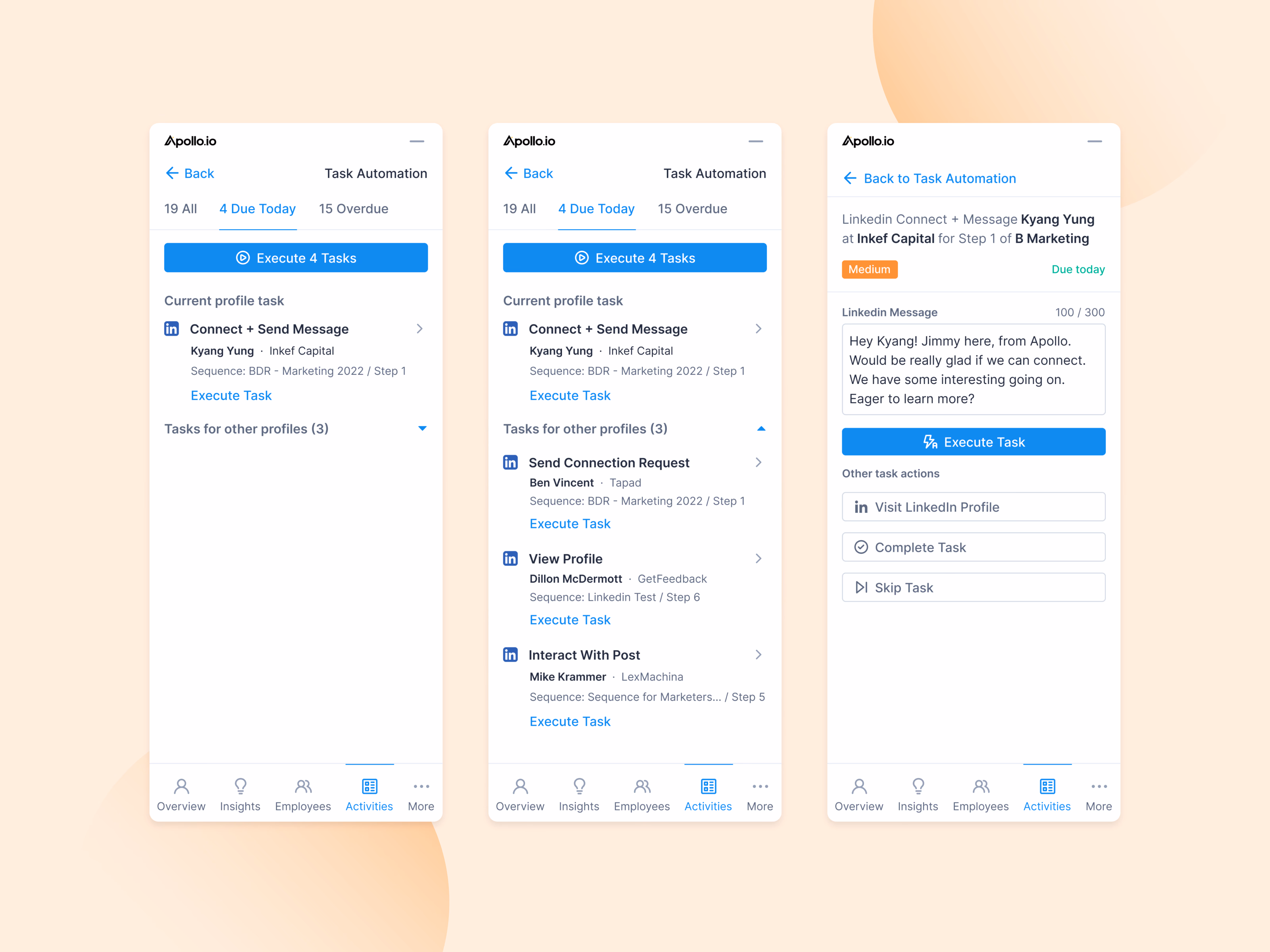 LinkedIn extension task list and task view for Apollo
