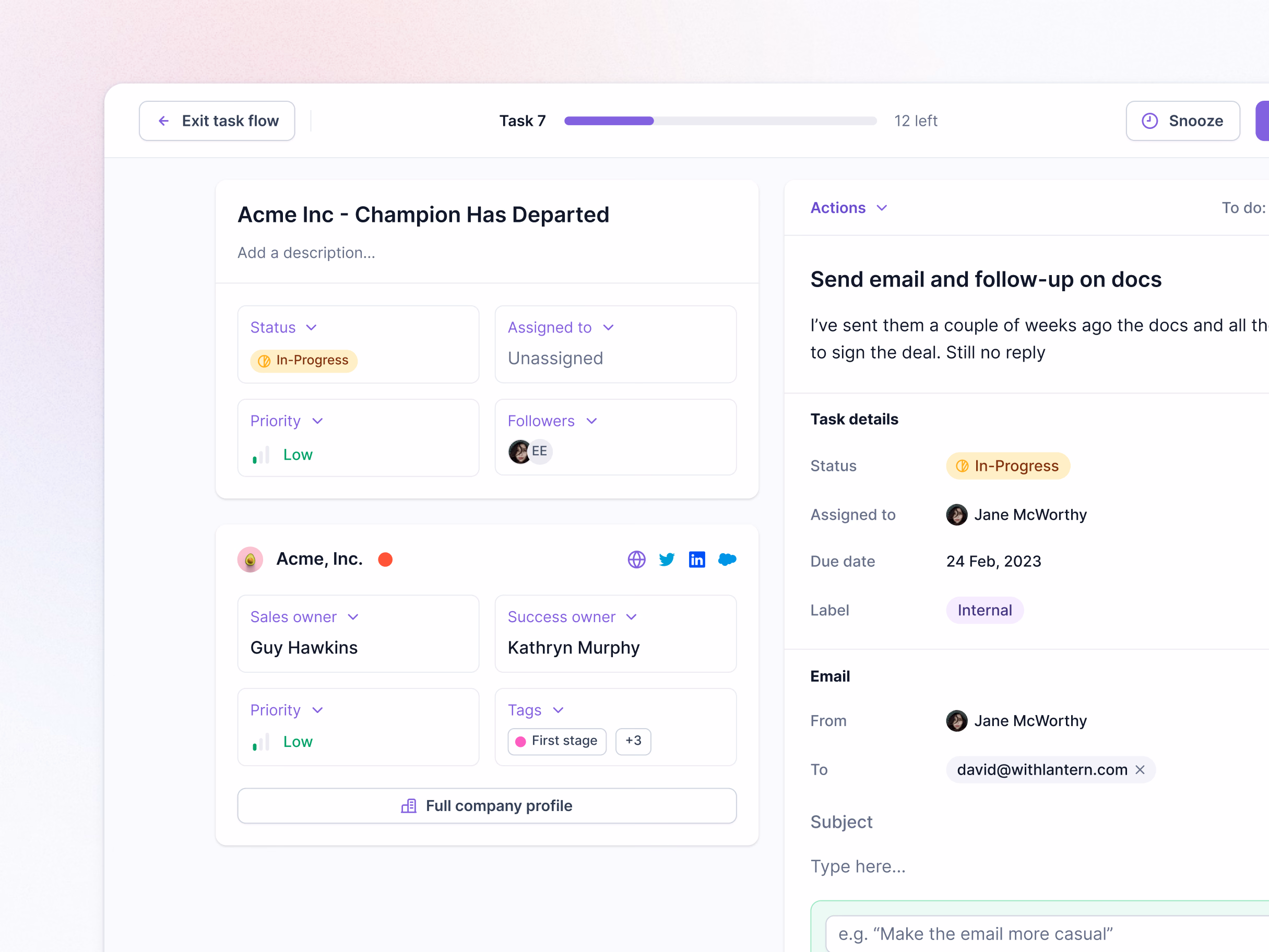 Task flow draft with an email prompt field for Lantern