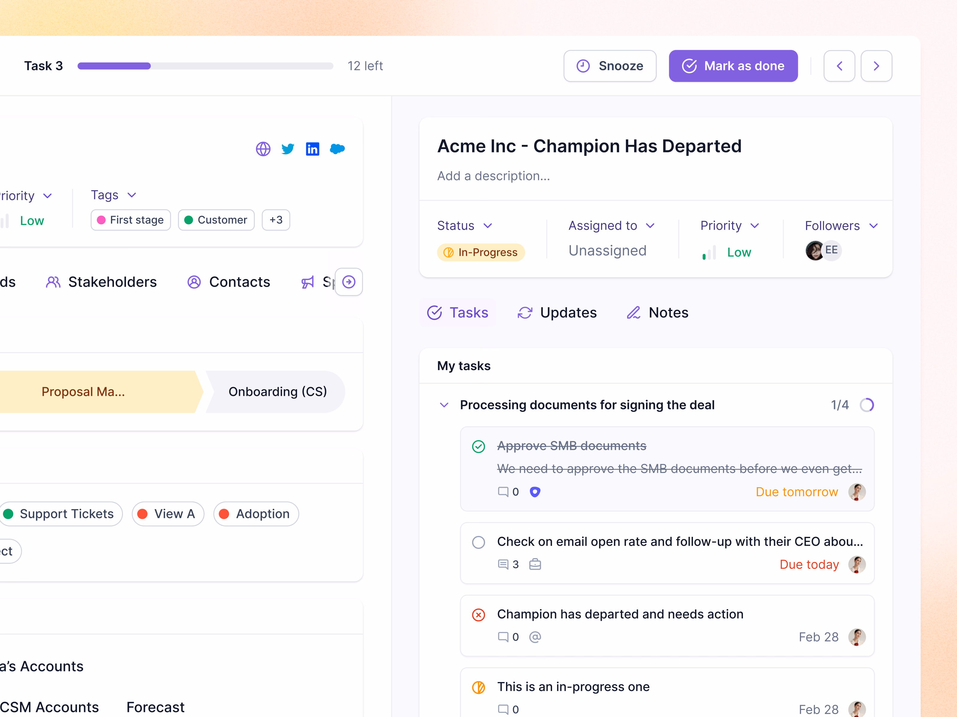 Task flow mode for clearing tasks in Lantern's AI CRM