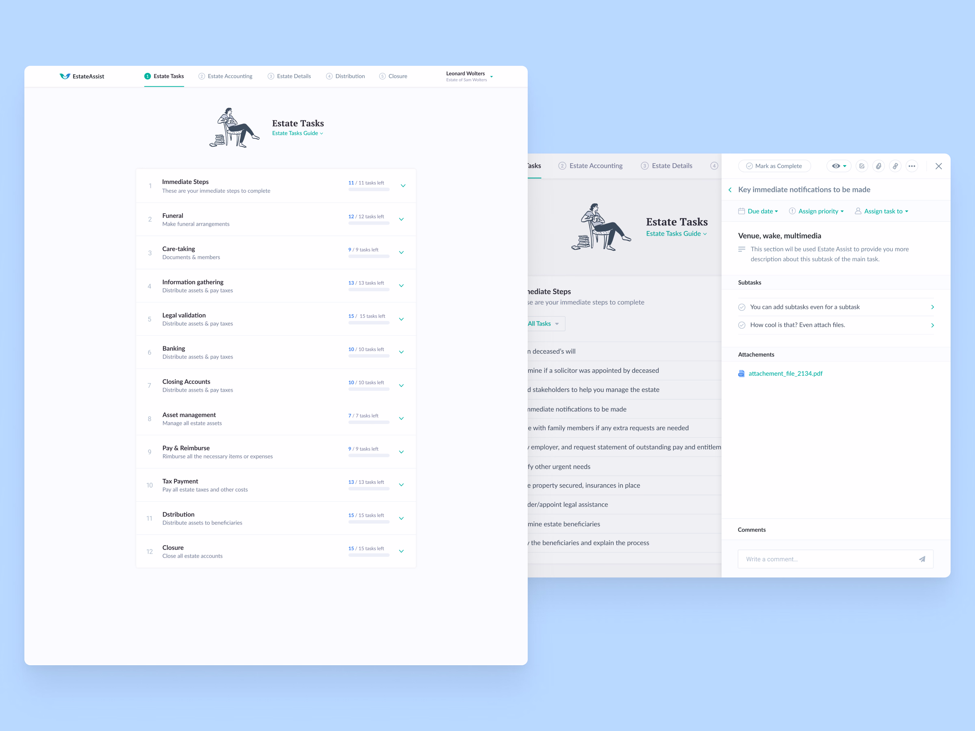 Estate task list with task detail panel in EstateAssist