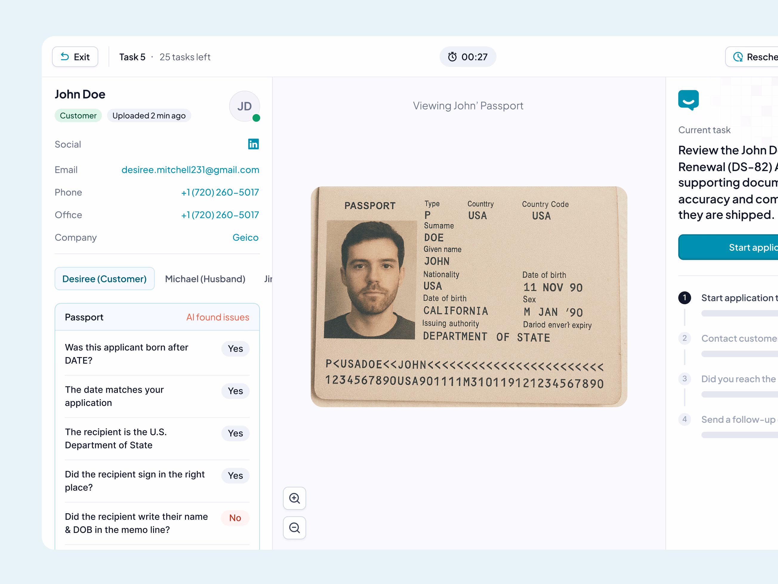 Guided passport review workspace for HelloGov's ops team