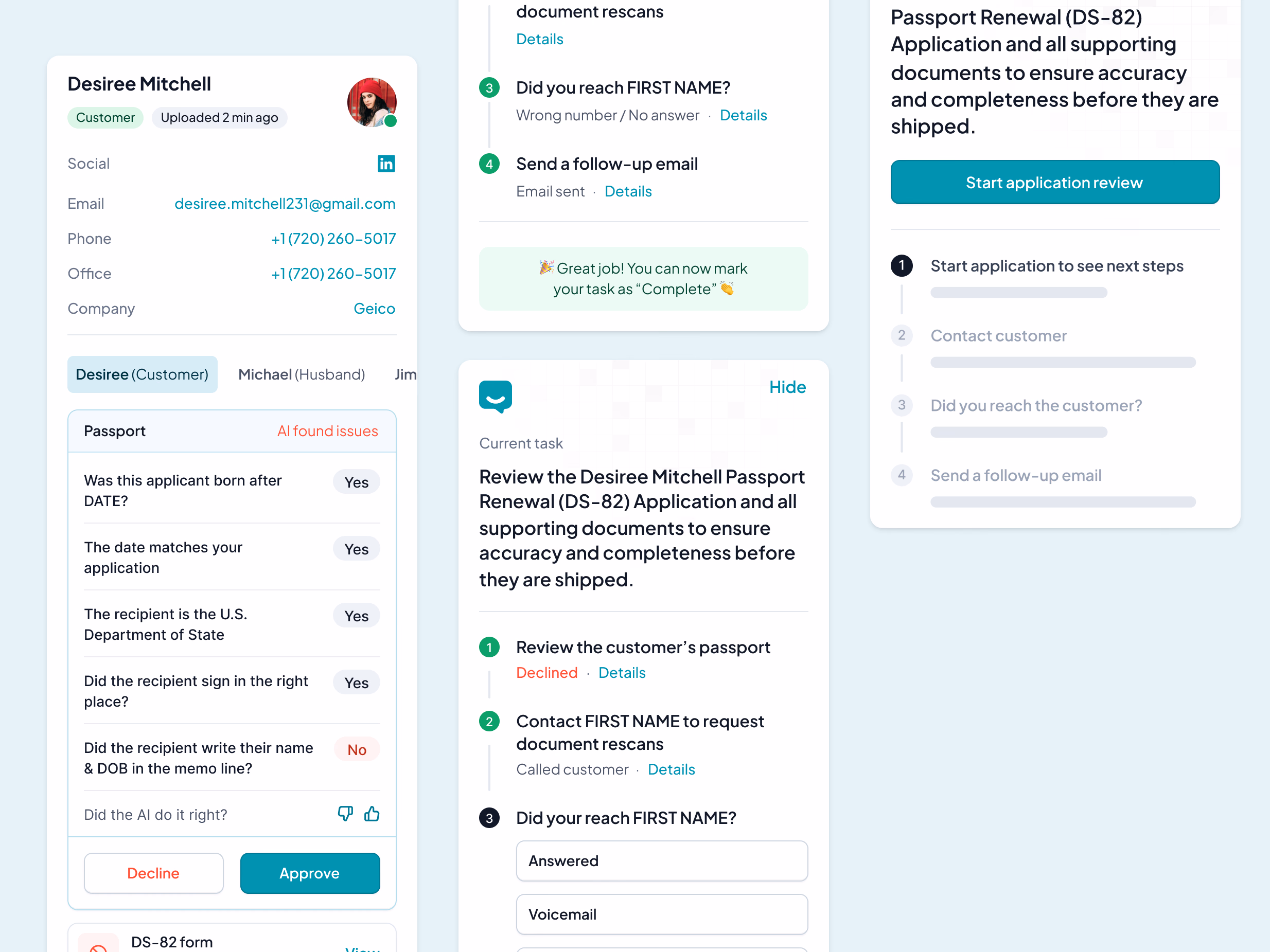 Passport review checklist and task panel for HelloGov