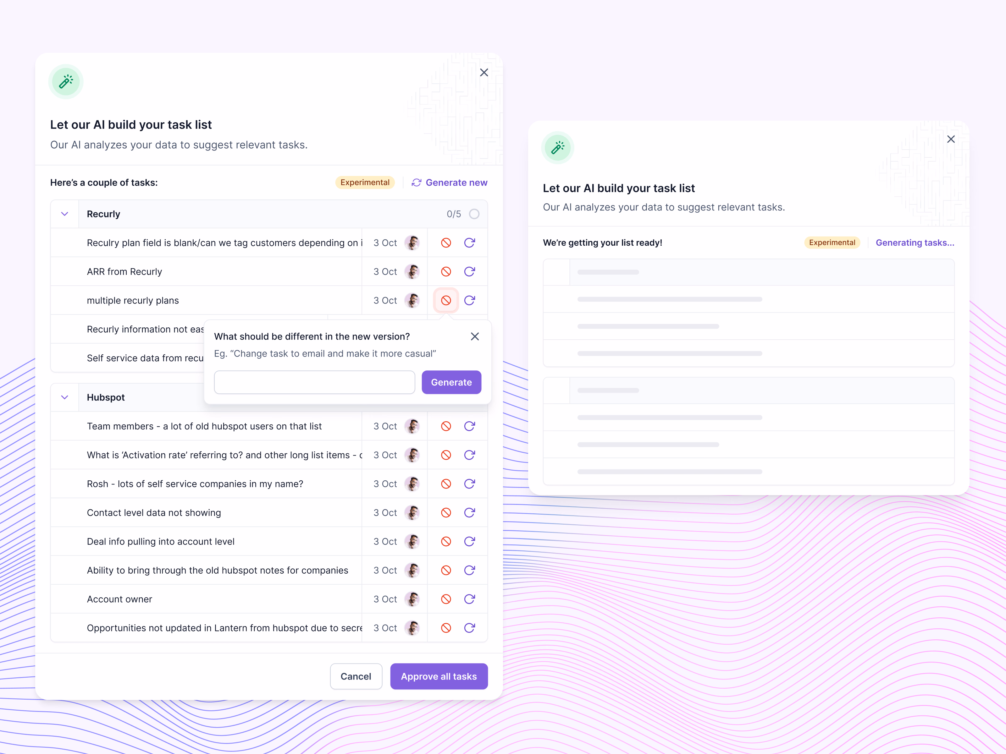 Experimental AI task generation modal for Lantern