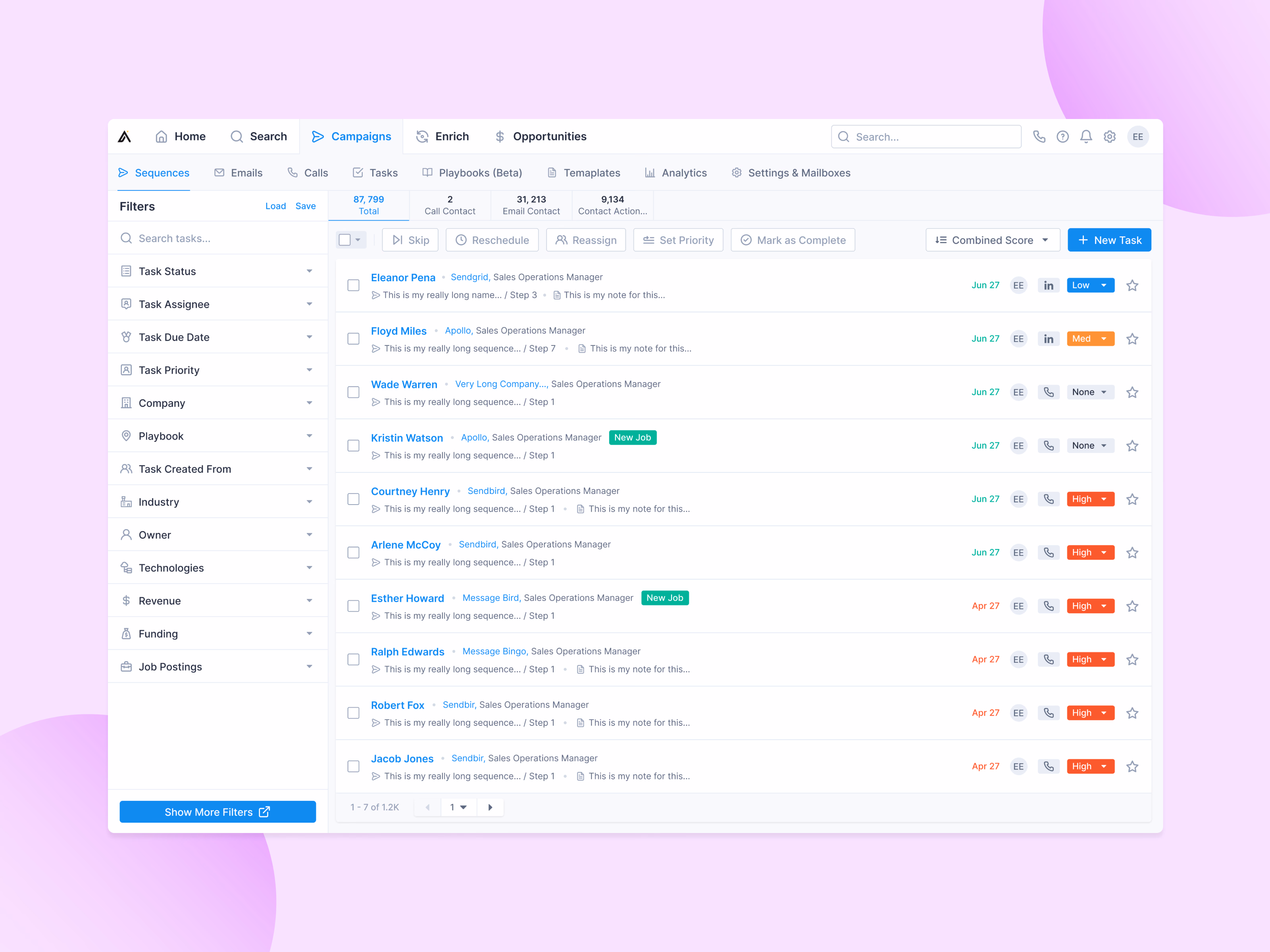 Sales tasks list with bulk actions in Apollo