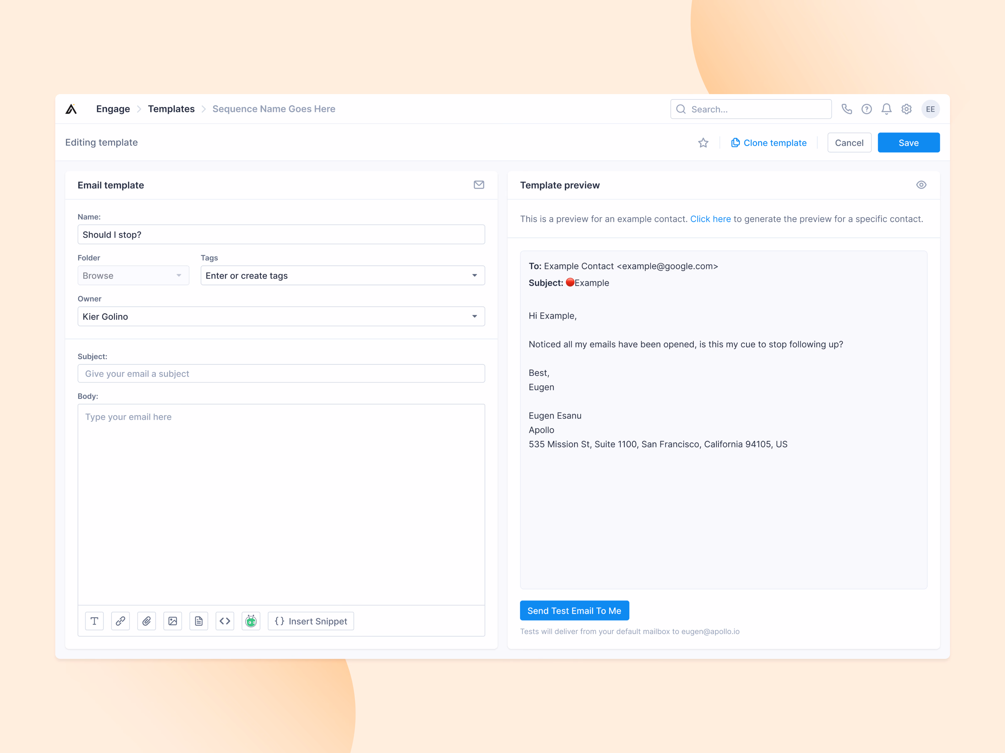 Email template editor with live preview in Apollo