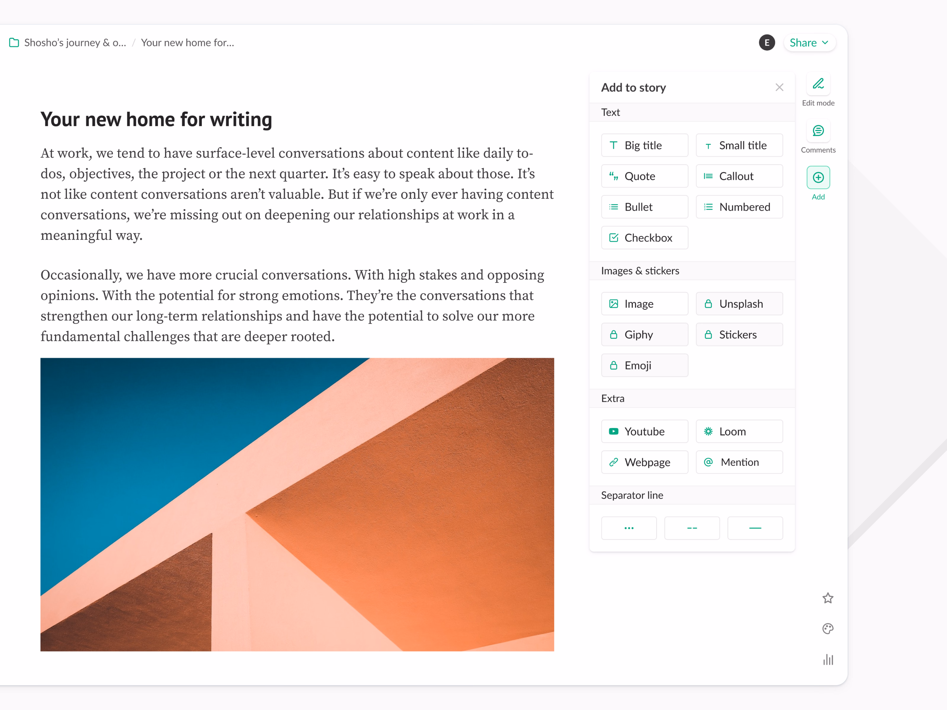 Add block menu in the Shosho writing editor