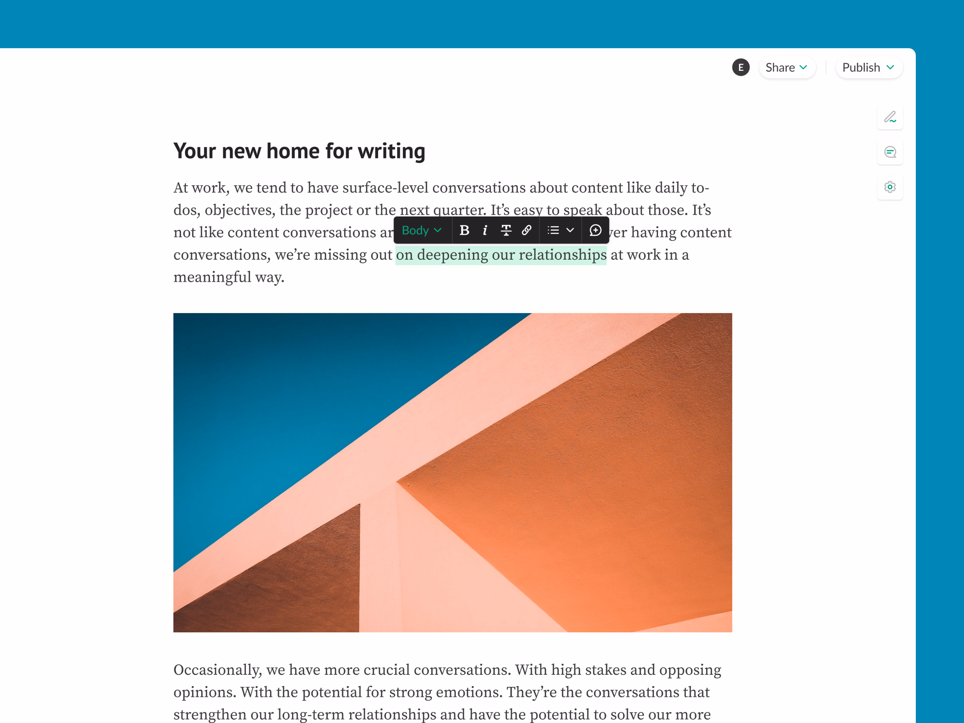 Minimal writing surface and text editor in Shosho