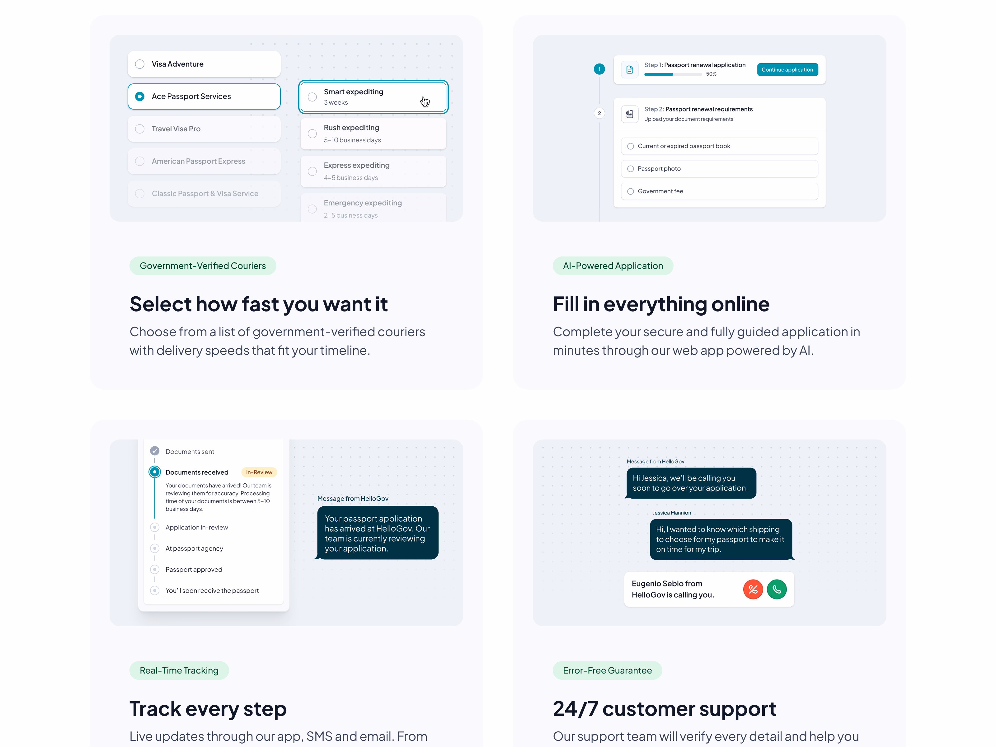 Passport service feature cards on the HelloGov homepage