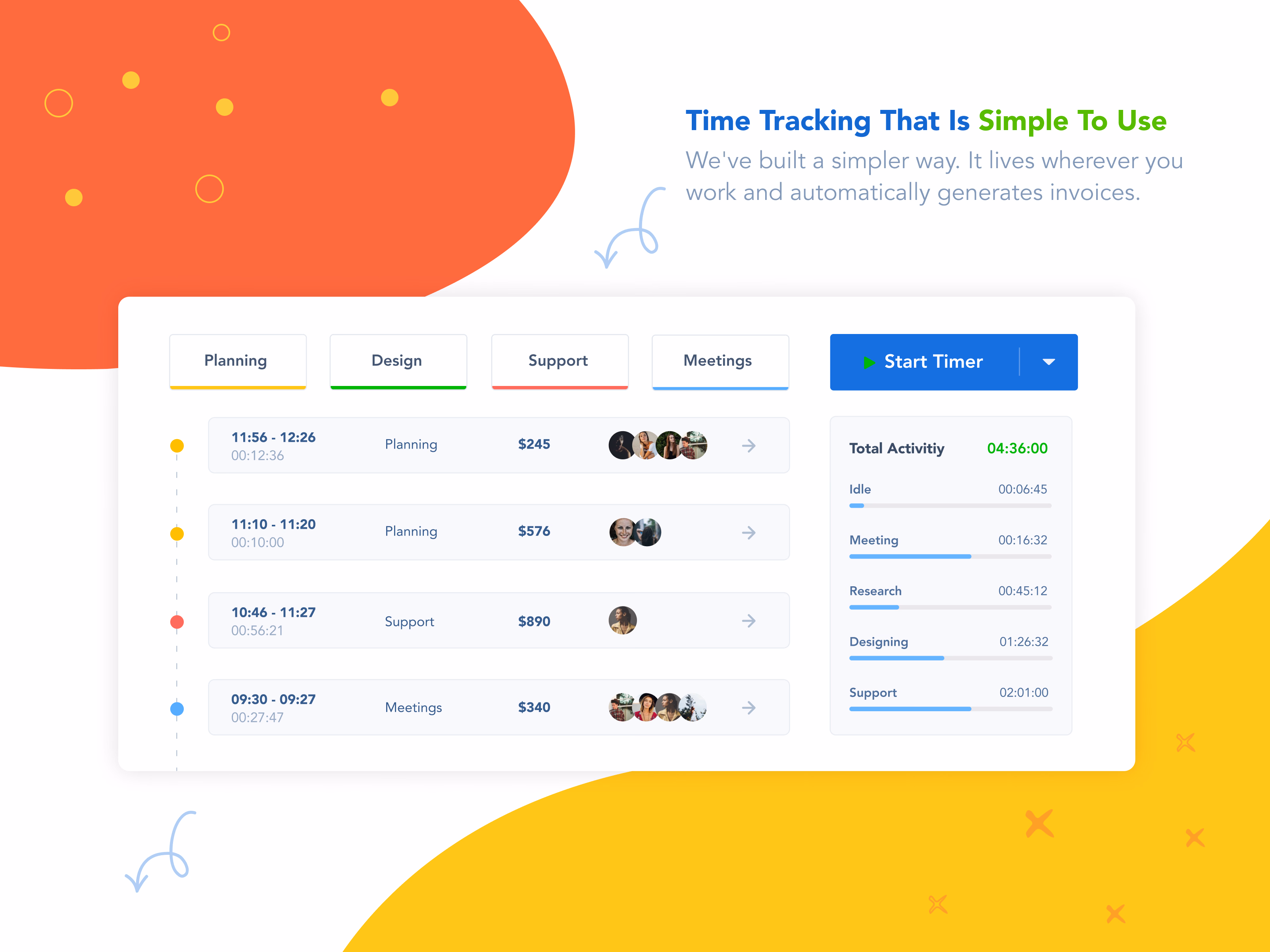 Time tracking feature illustration for an accounting app