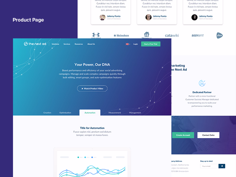 Product page for TheNextAd's social advertising platform