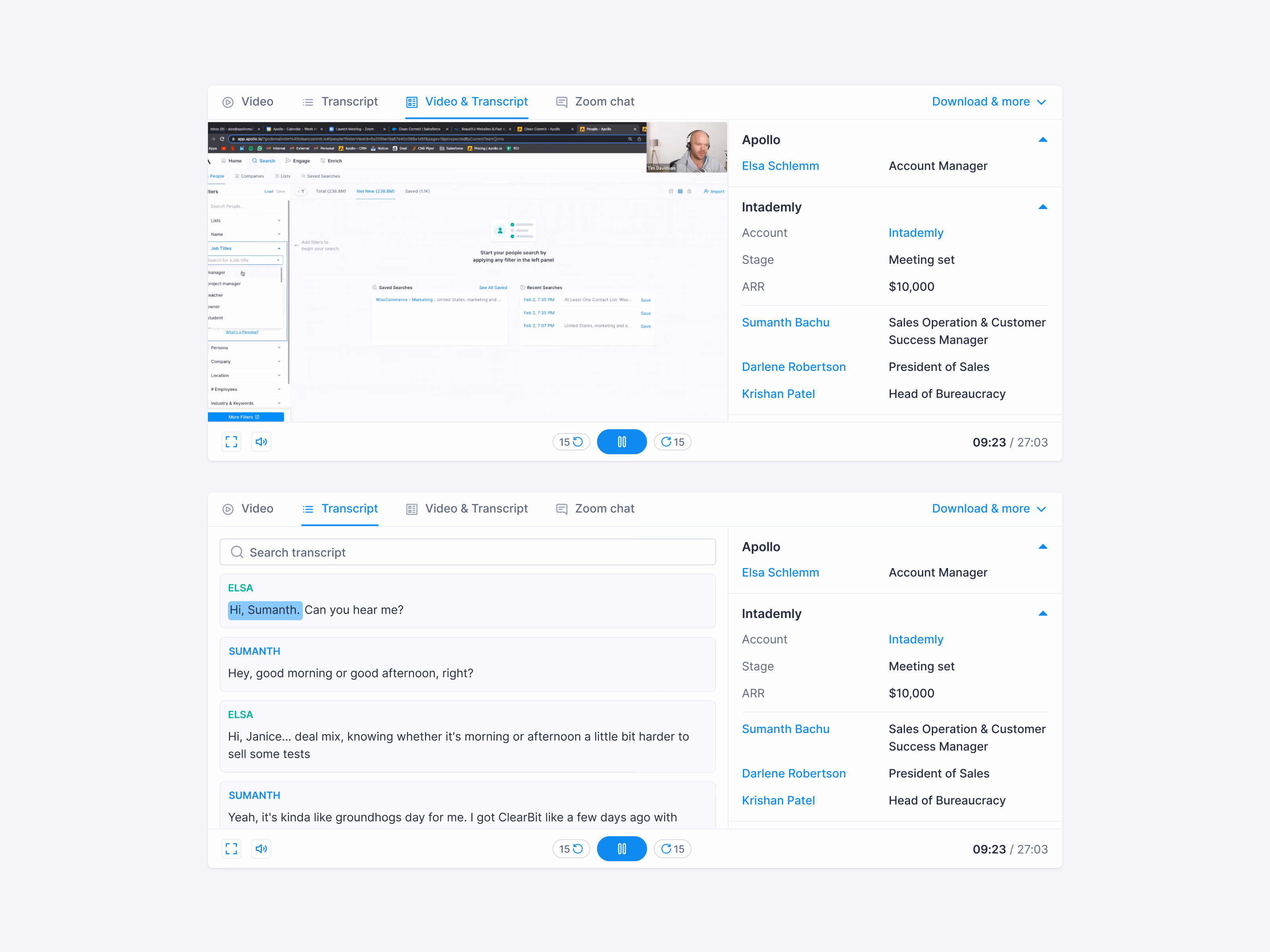 Sales call recording and transcript player in Apollo