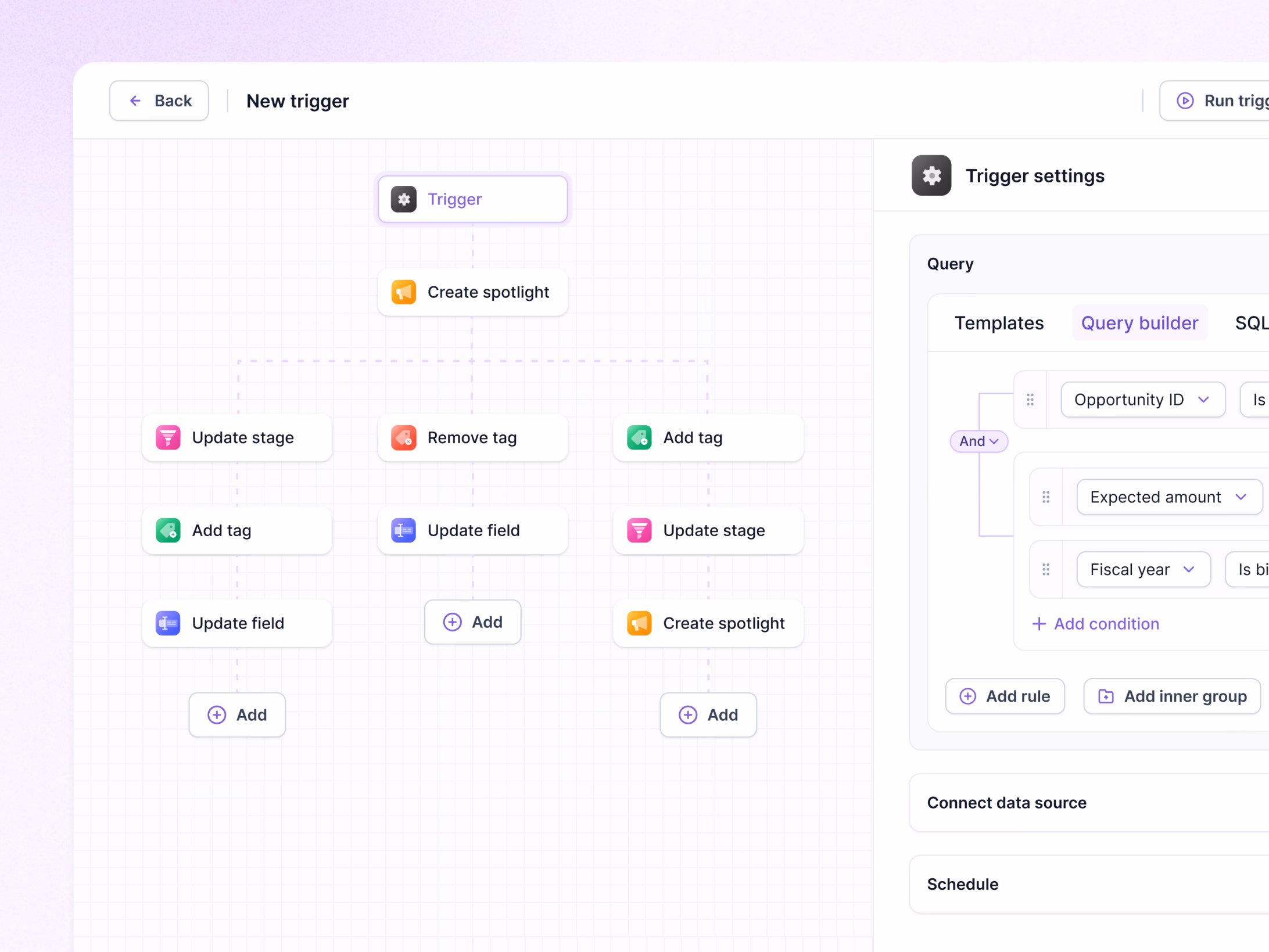 Workflow trigger builder with query rules in Lantern