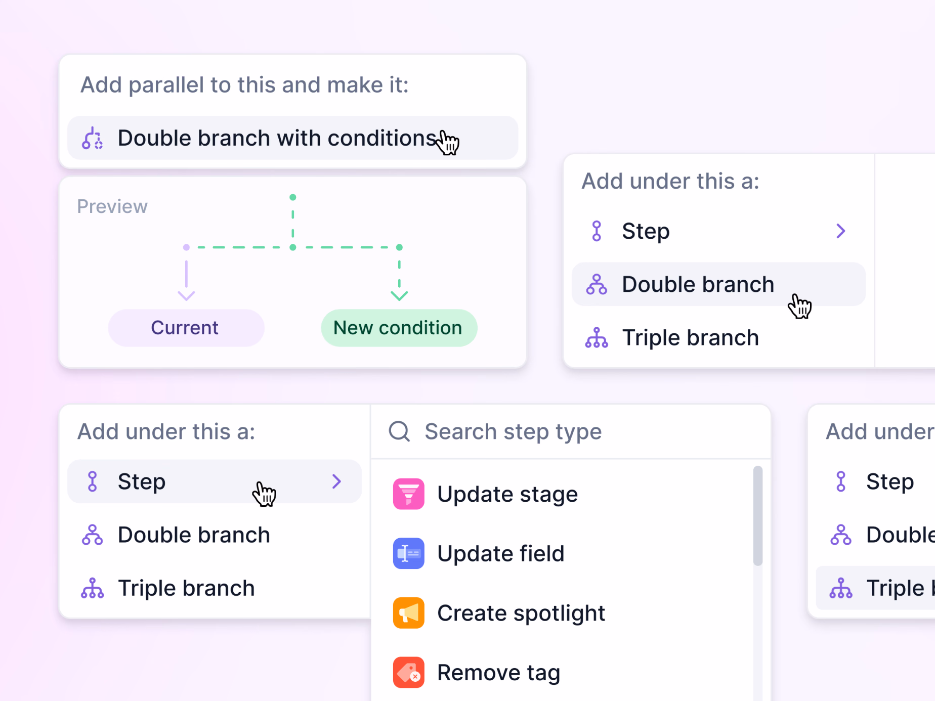 Add step and branch menus in Lantern's workflow builder