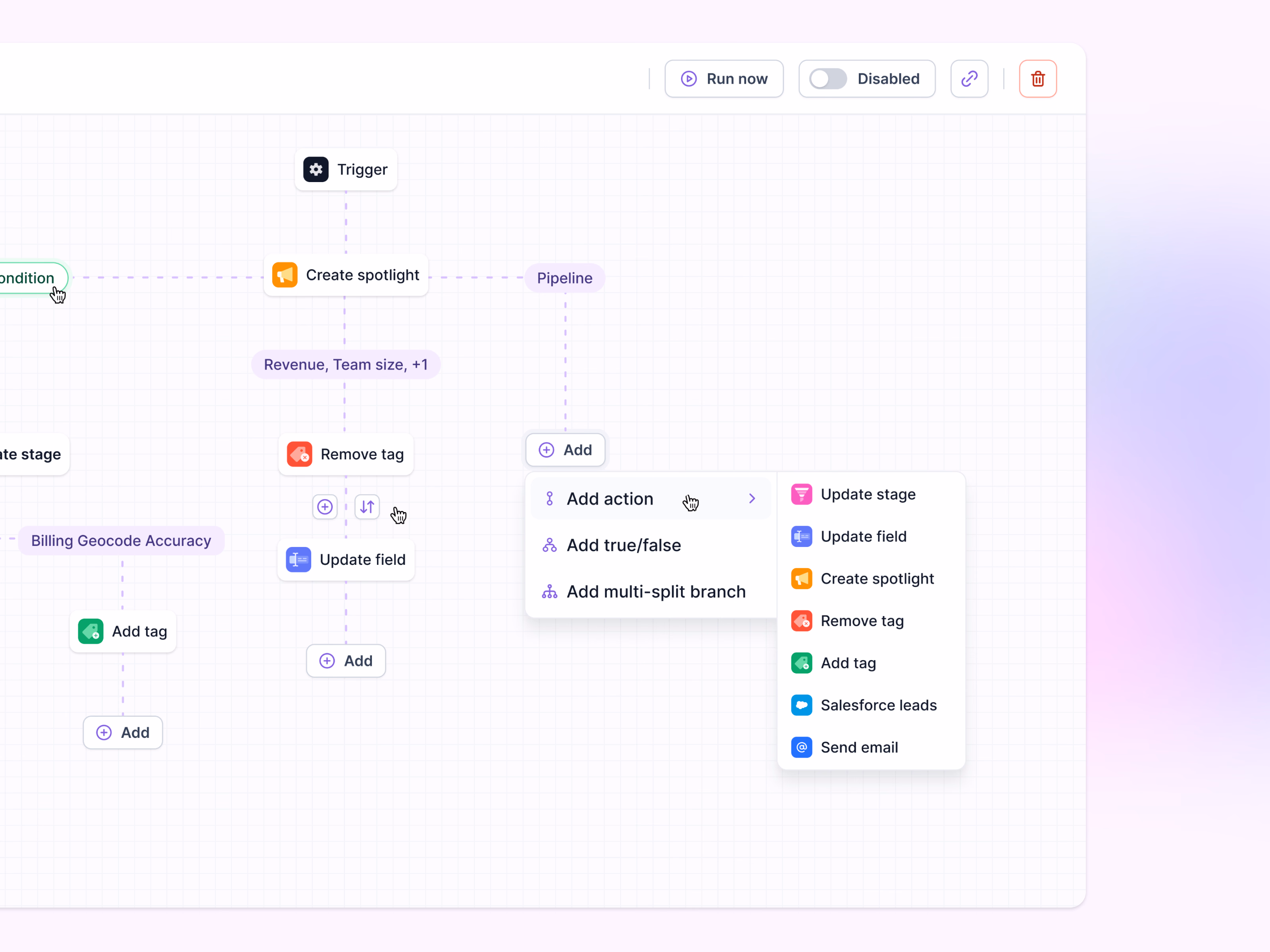 Workflow builder step menu interaction for Lantern