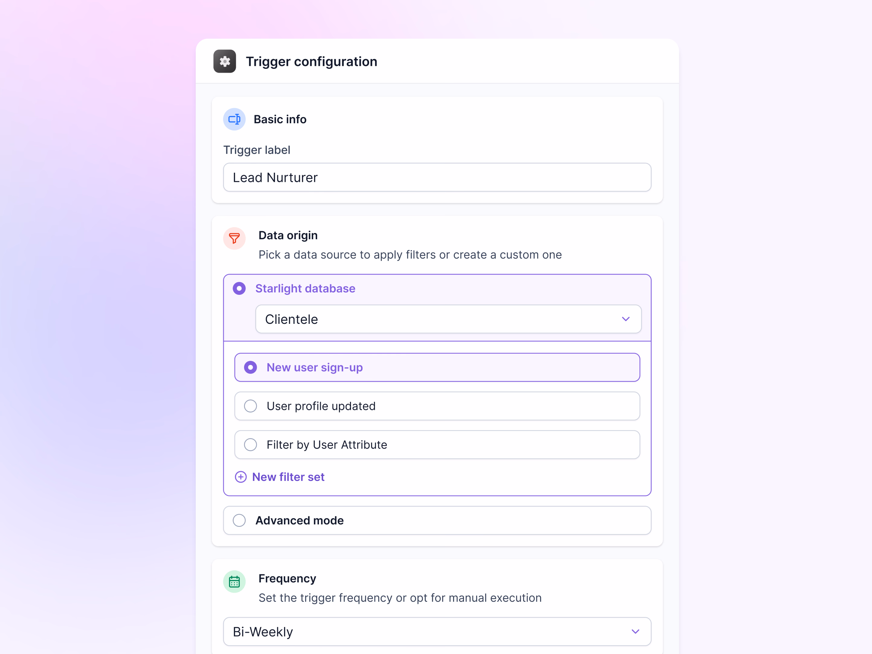 Reworked workflow trigger settings panel for Lantern