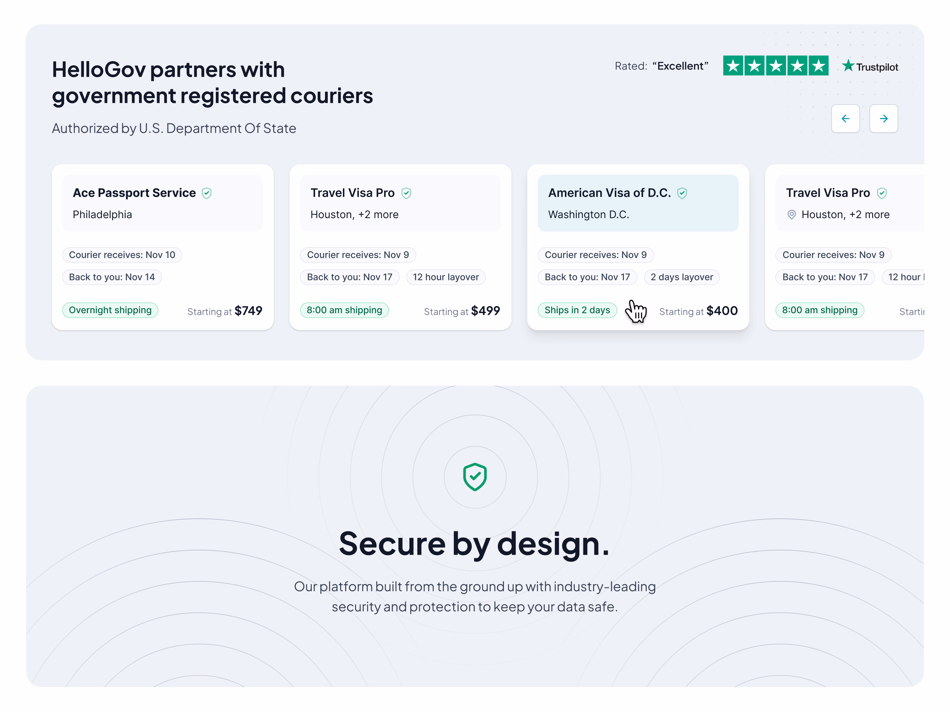 Passport courier comparison section for HelloGov