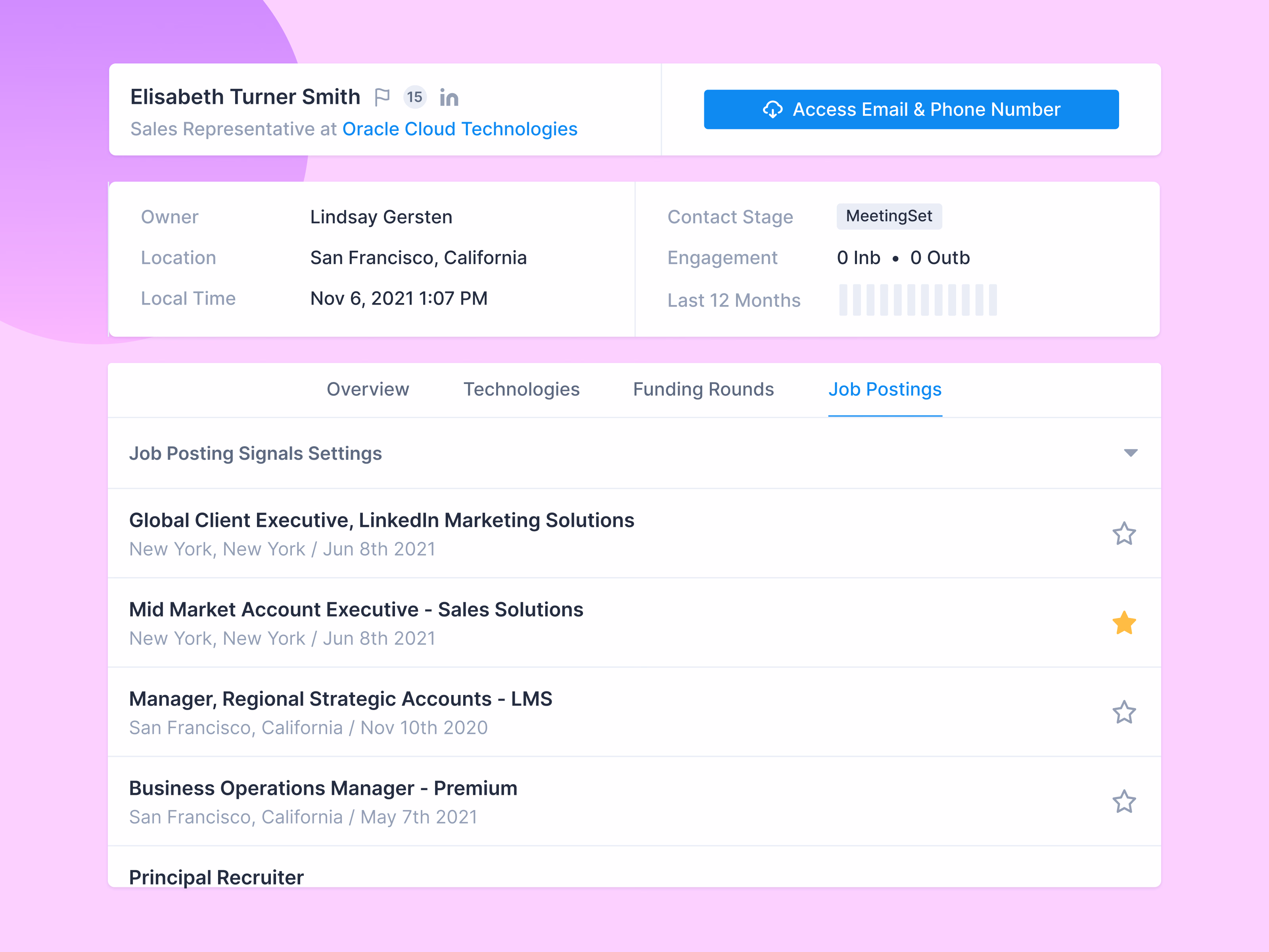 Contact page cards with job postings in Apollo