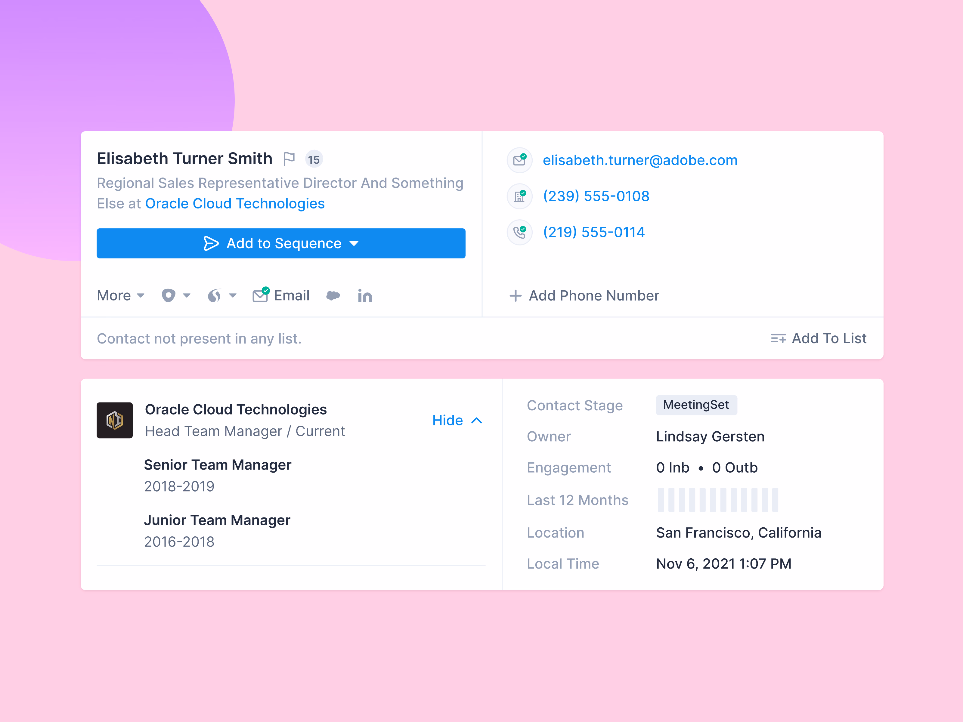 Contact details and employment history cards in Apollo
