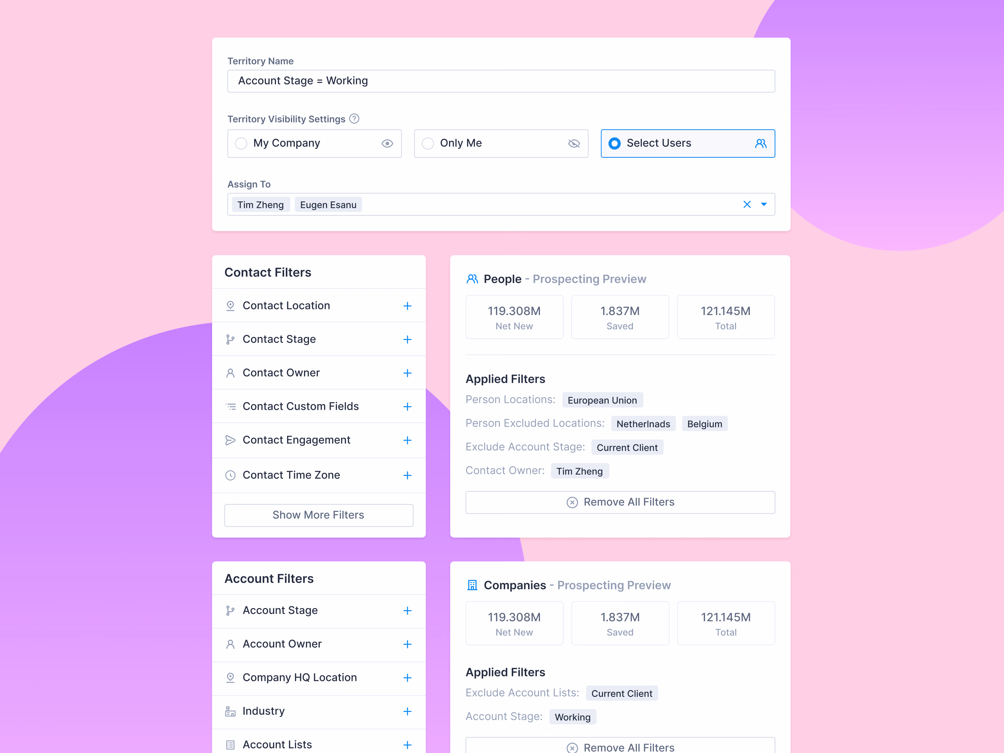 Territory editor components for a prospecting tool