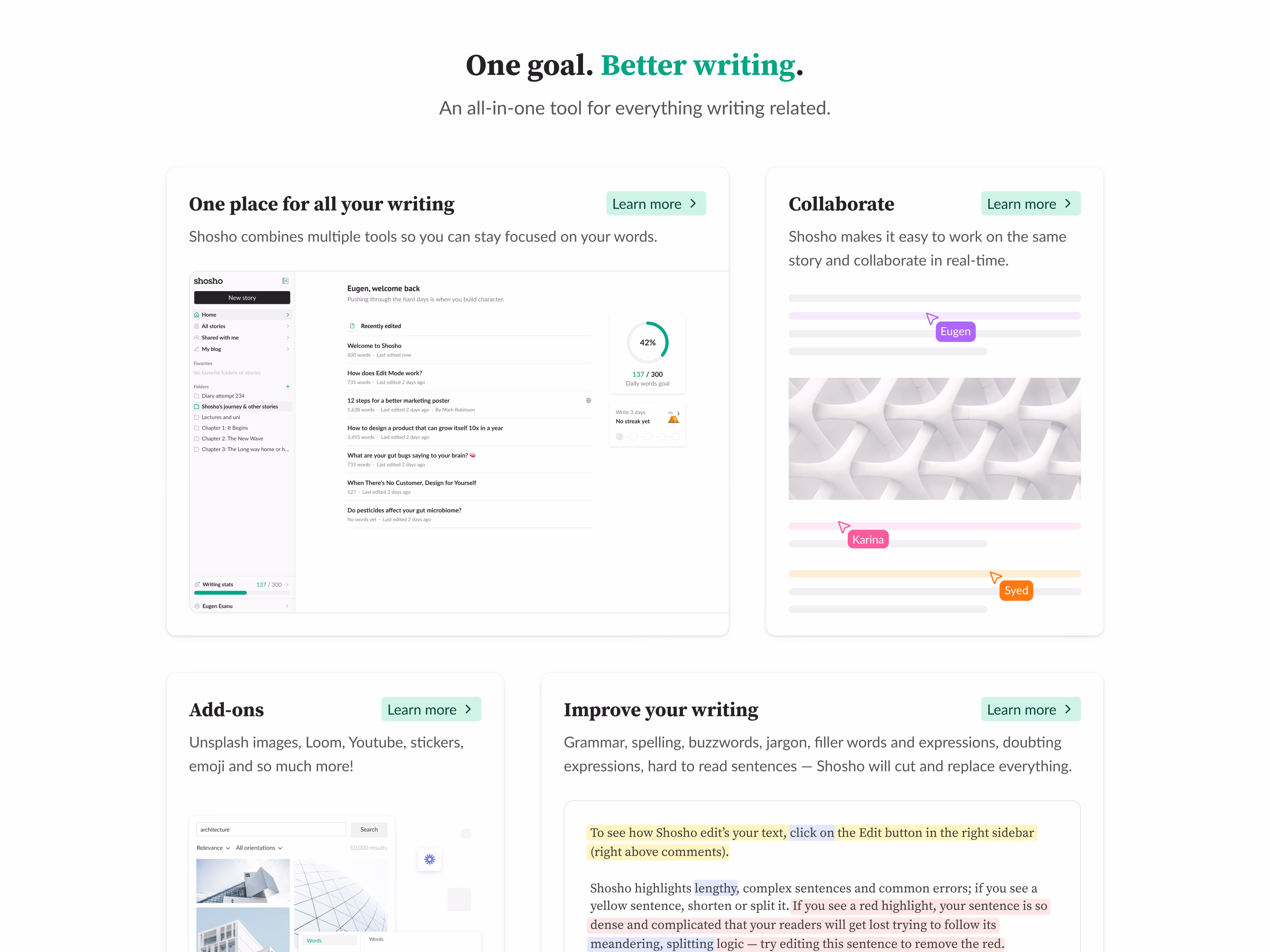 Bento features section for the updated Shosho website