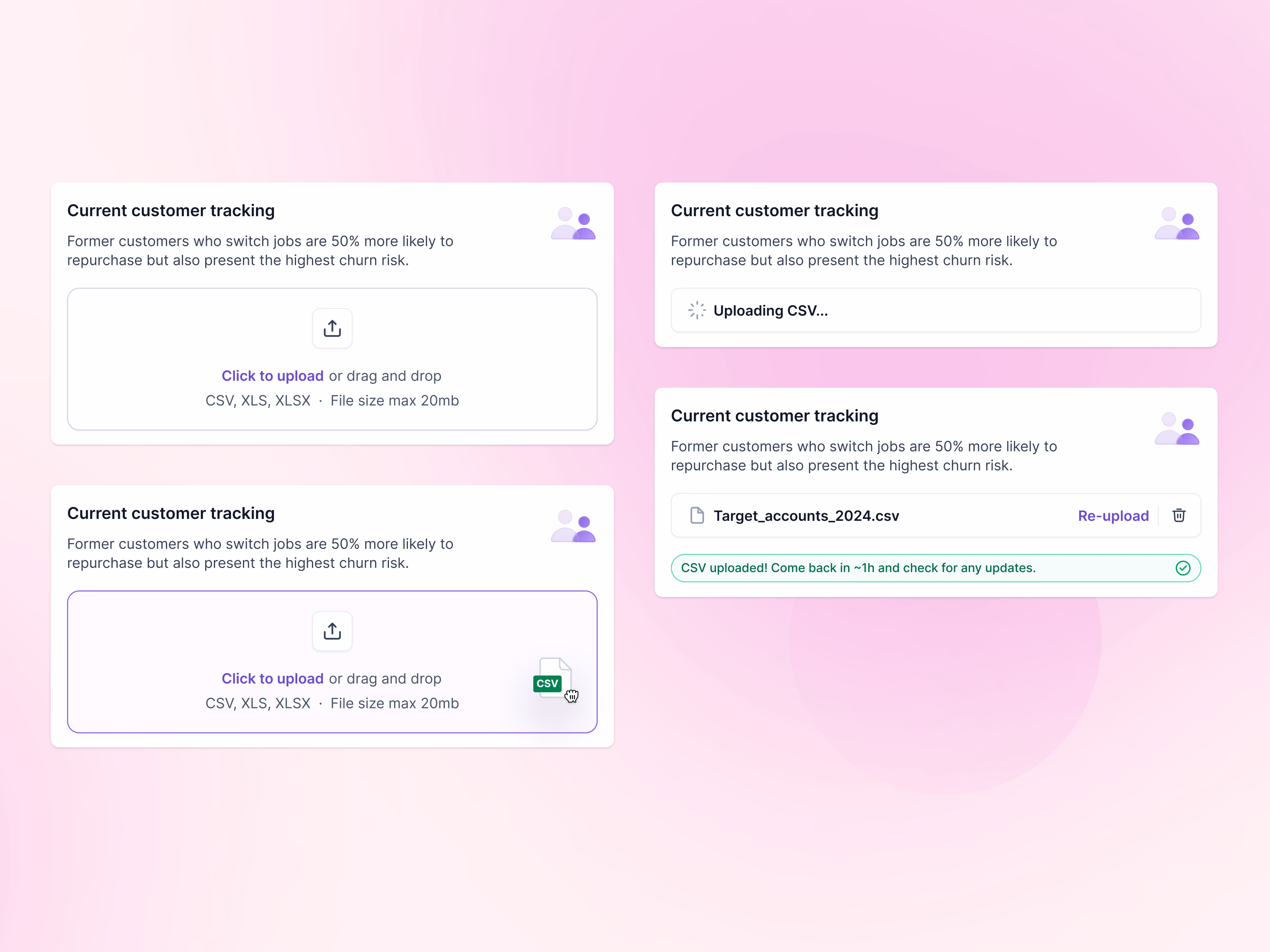 CSV upload states for customer tracking in Lantern