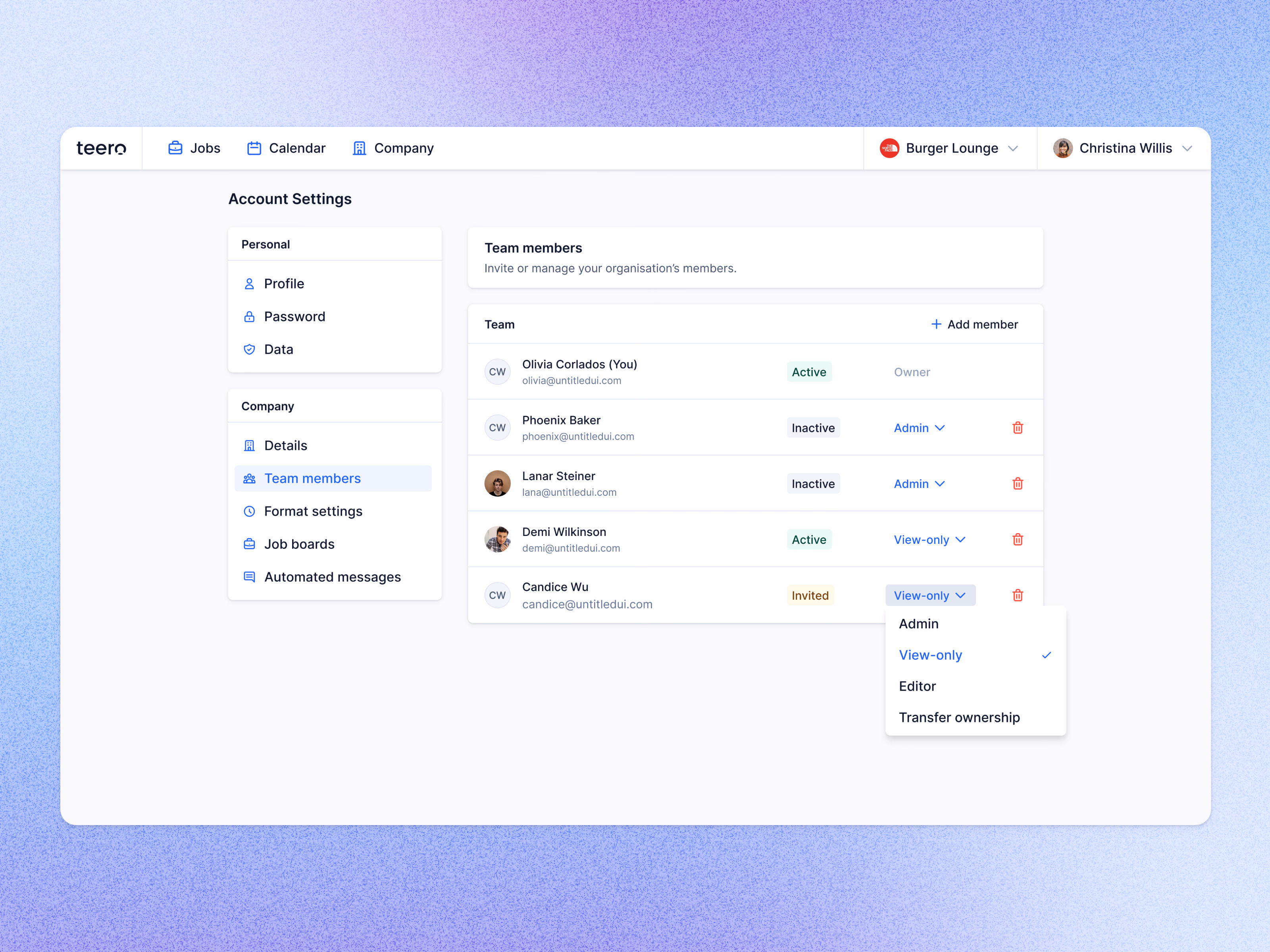 Team member management settings for Teero