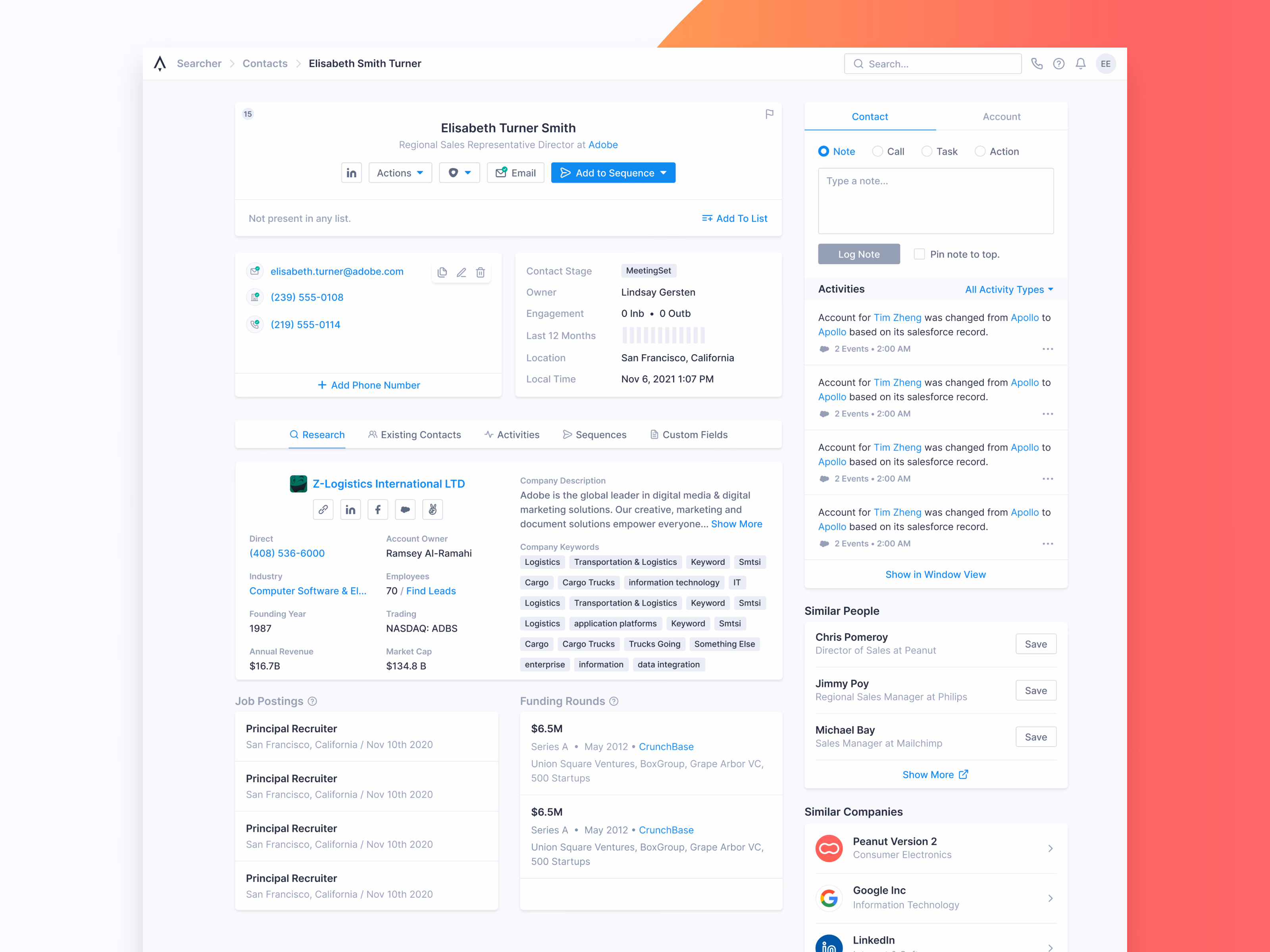 Contact profile page with activity in Apollo