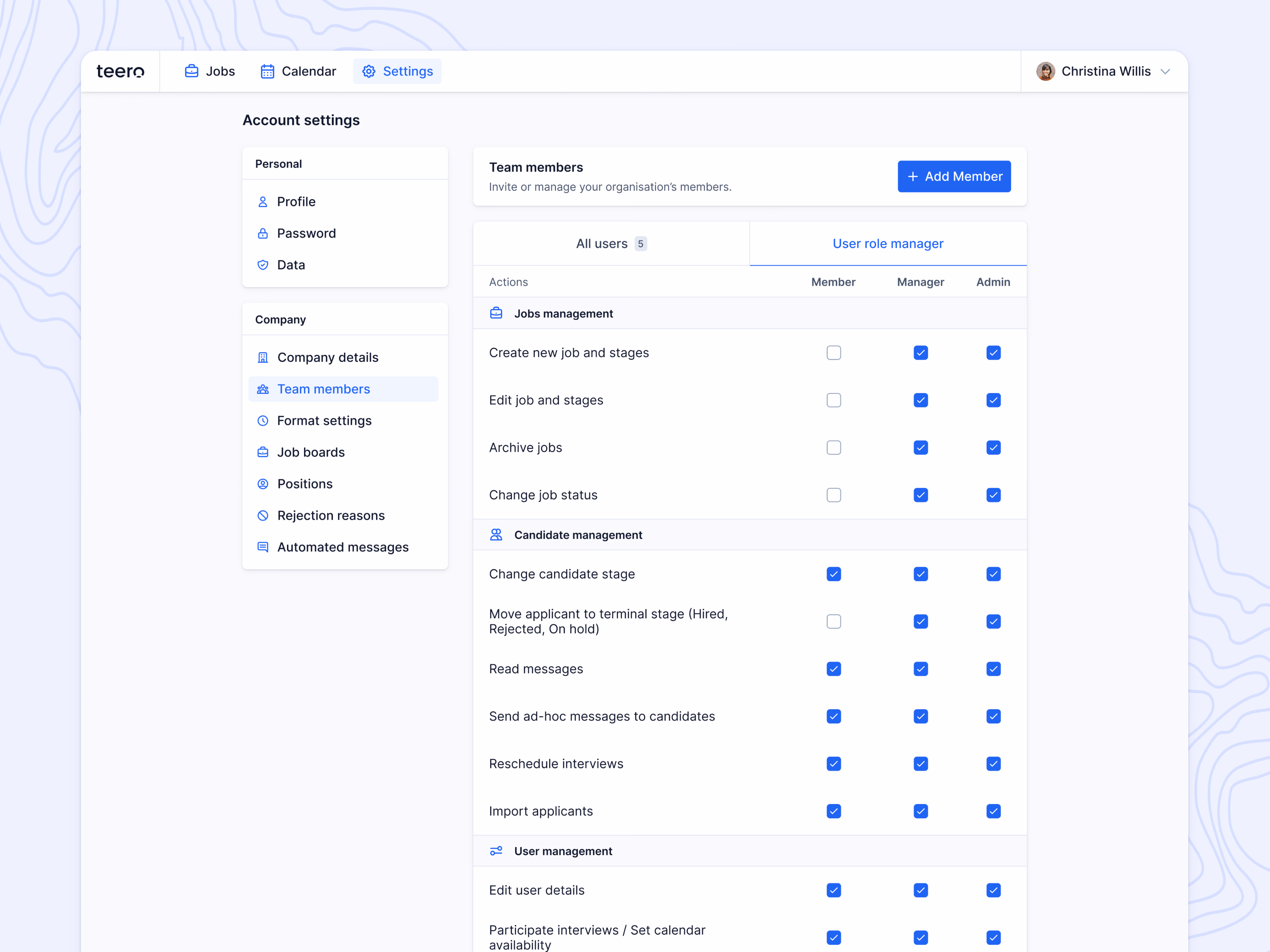 User role permissions grid for Teero