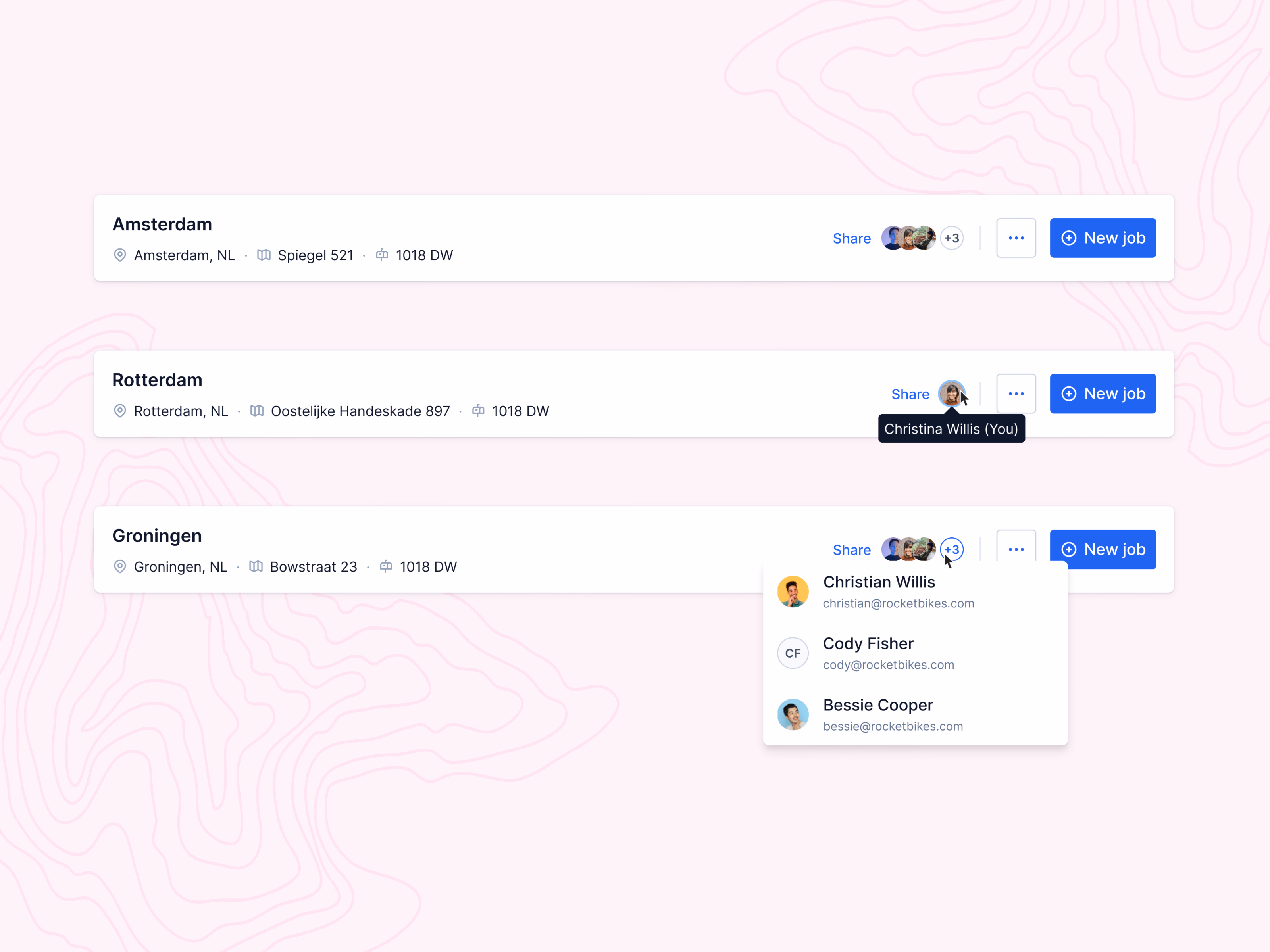 Shared location cards for a hiring product
